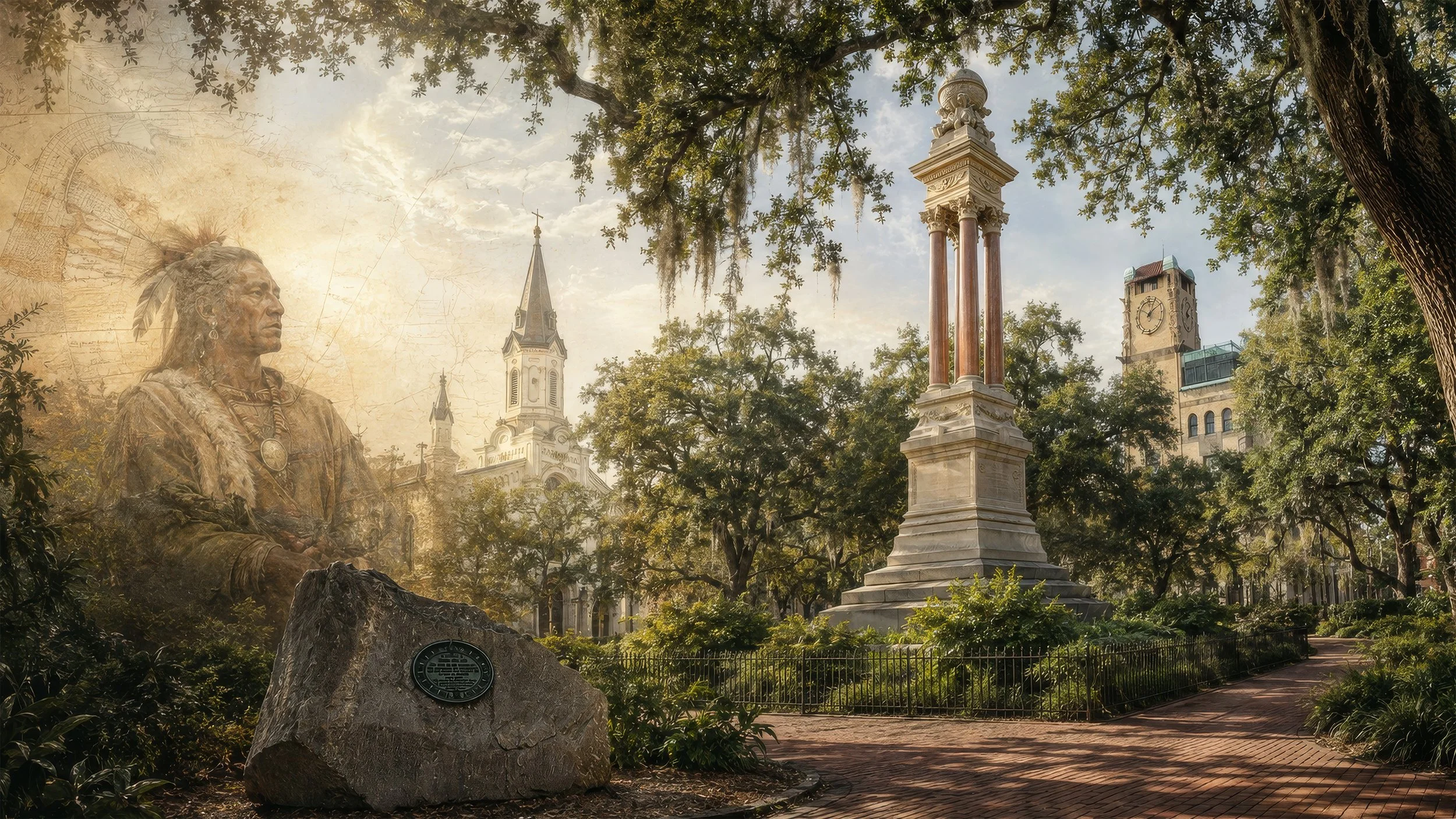 Storytelling artwork of Wright Square in Savannah featuring Tomochichi, his memorial stone, the Gordon Monument, historic architecture, and live oaks.