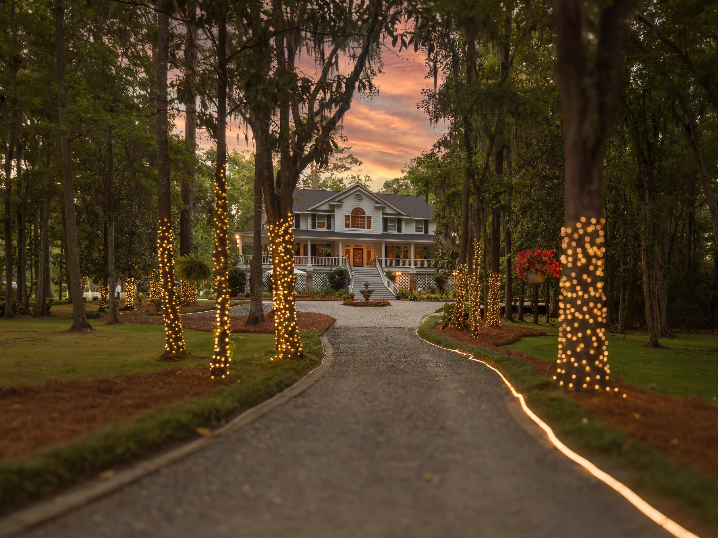 The entrance to The Mackey House at sunset in Savannah, Georgia.