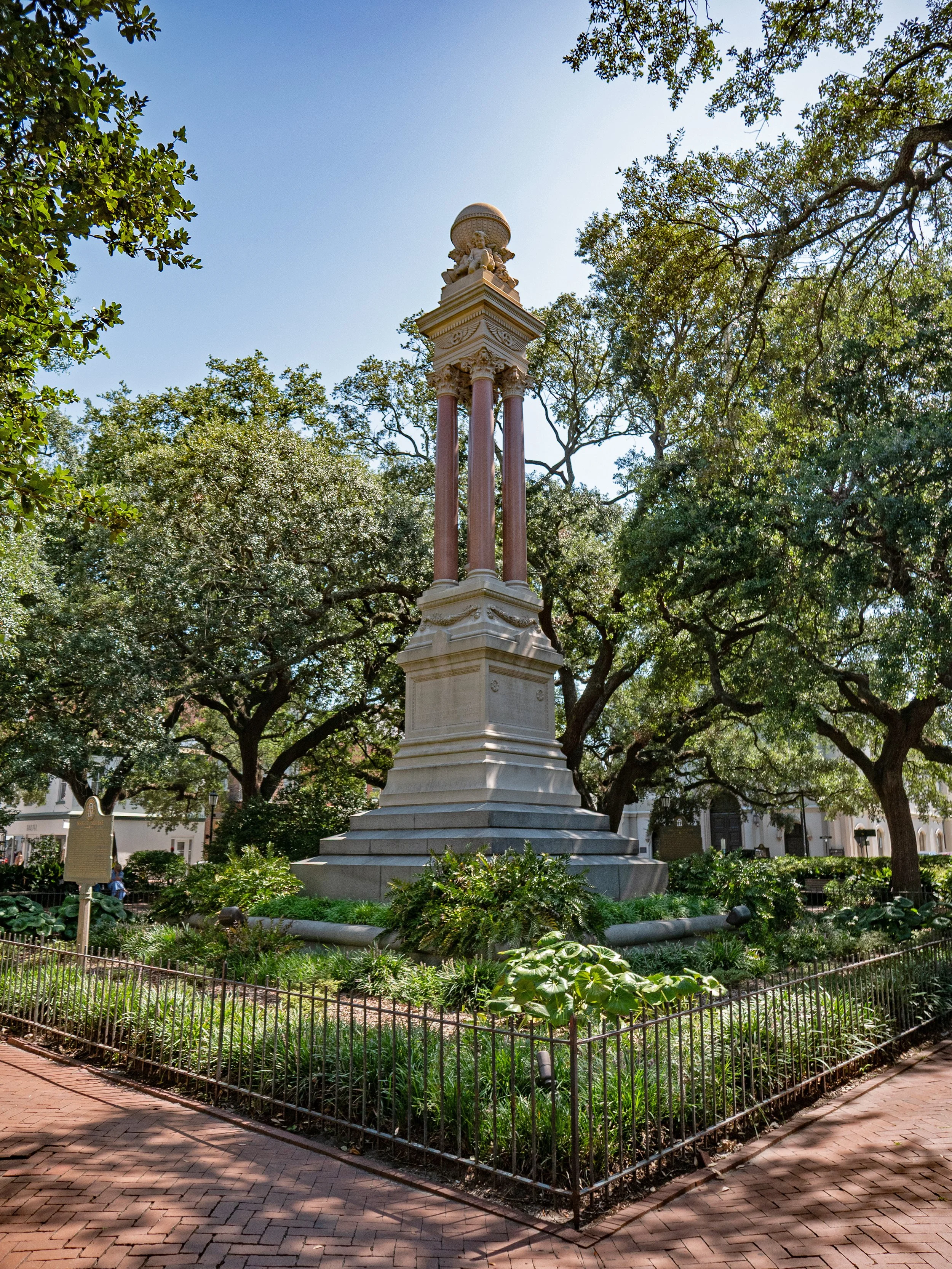 William Washington Gordon Monument surrounded by trees and landscaping in Wright Square