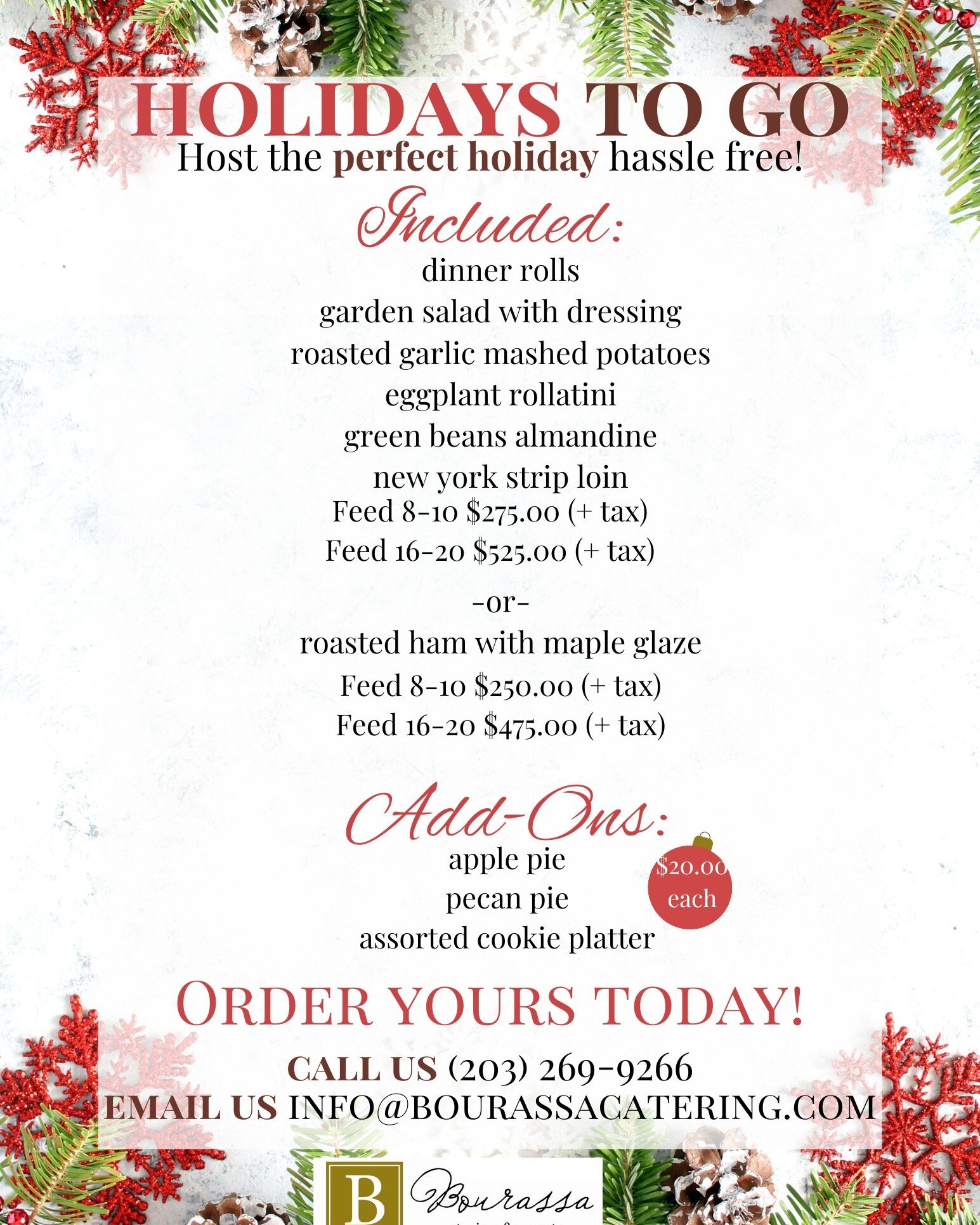 It's that time of the year again and we invite you to let us do the hard part; gift yourself more time with friends and family! Call or email now to book your gourmet Christmas dinner for pick up or delivery!!!
