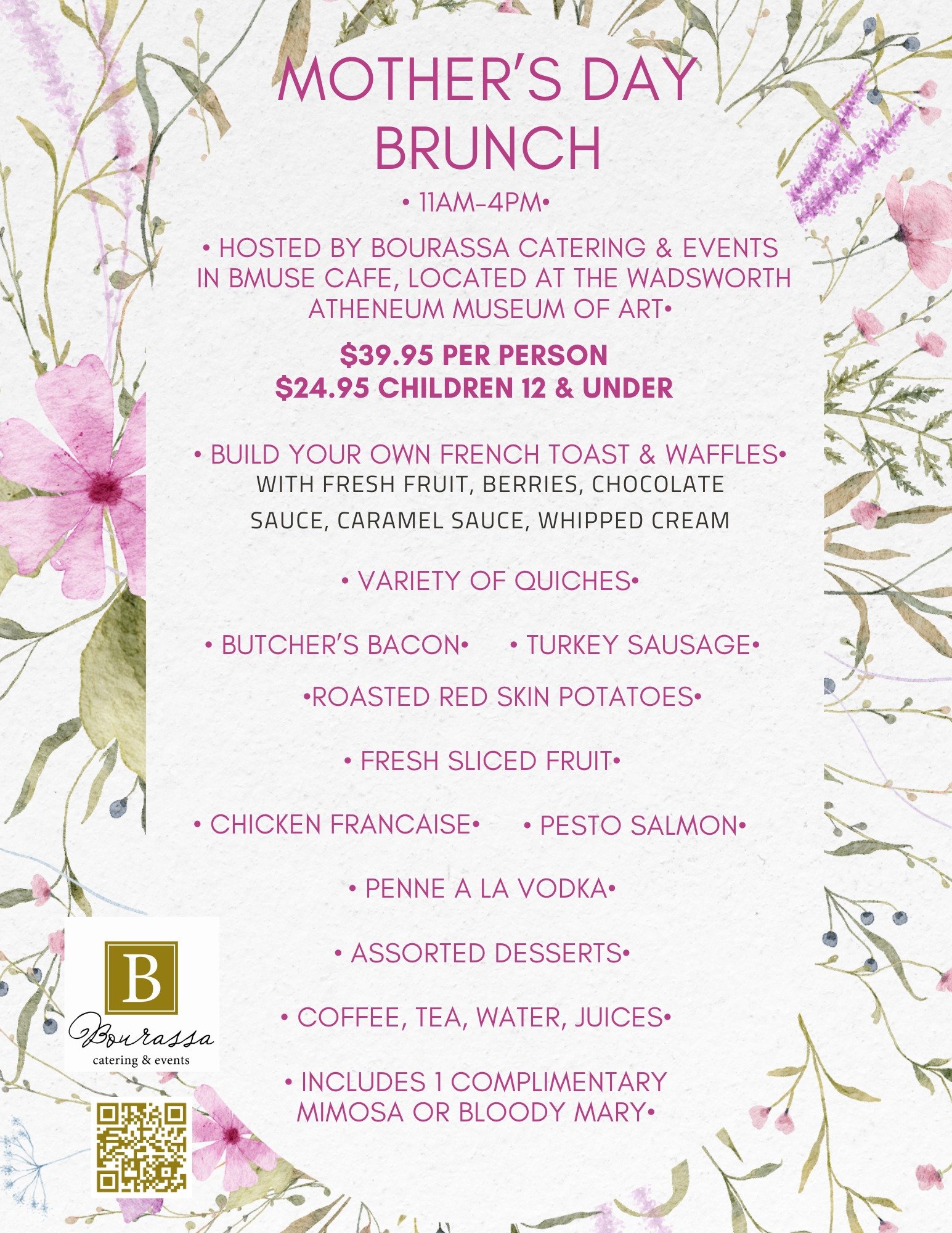 Come celebrate MOM!  Sunday from 11-4 at @bmusecafe.hartford located in the @thewadsworth for a Mother's Day brunch buffet. Menu and pricing below.

And don't forget to grab tickets to join the @hgmcsing for their spring show!

#cheflife #foodie #bou