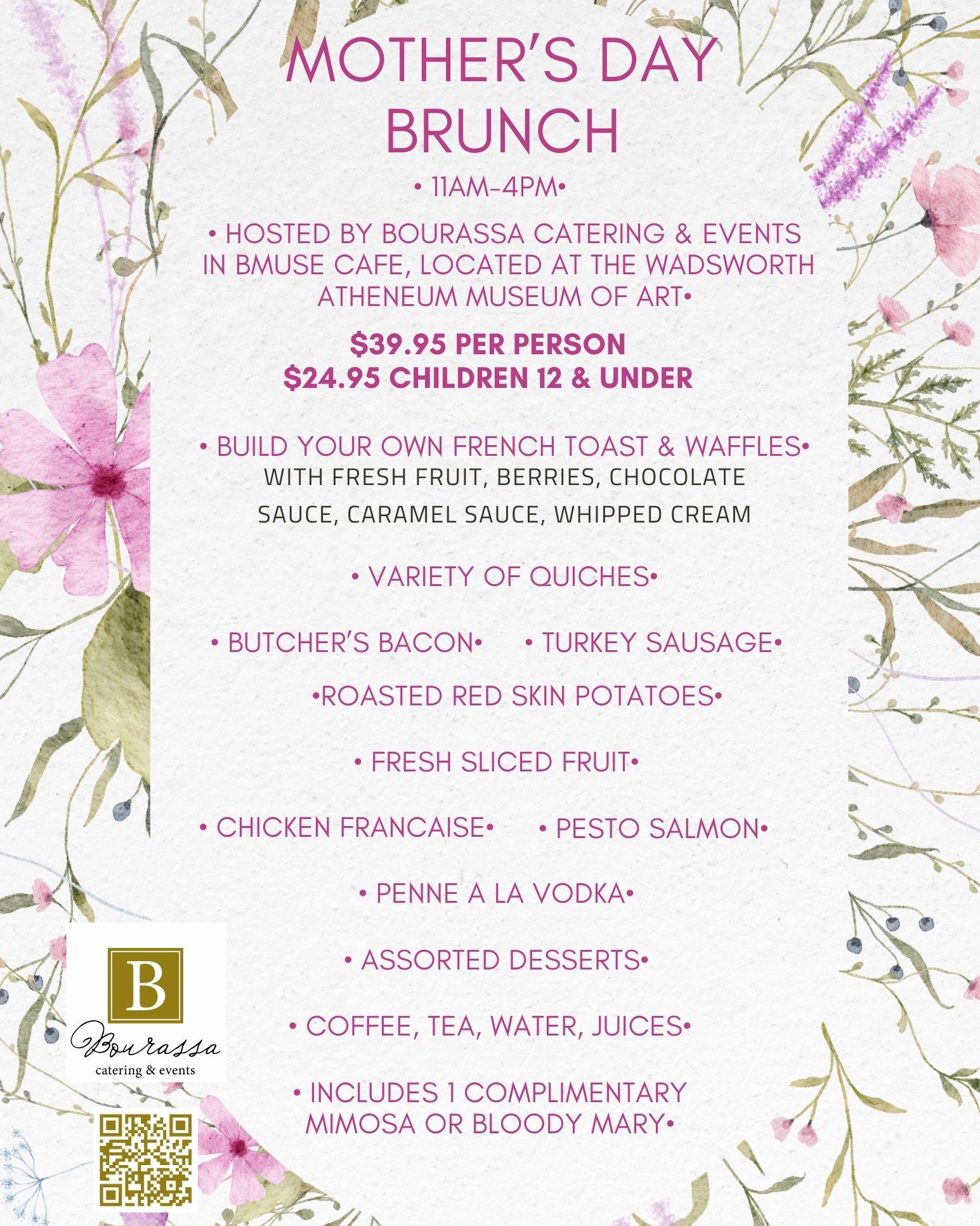 Come celebrate MOM!  Today 11-4 at @bmusecafe.hartford located in the @thewadsworth for a Mother's Day brunch buffet. Menu and pricing below.

And don't forget to grab tickets to join the @hgmcsing for their spring show!

#cheflife #foodie #bourassac