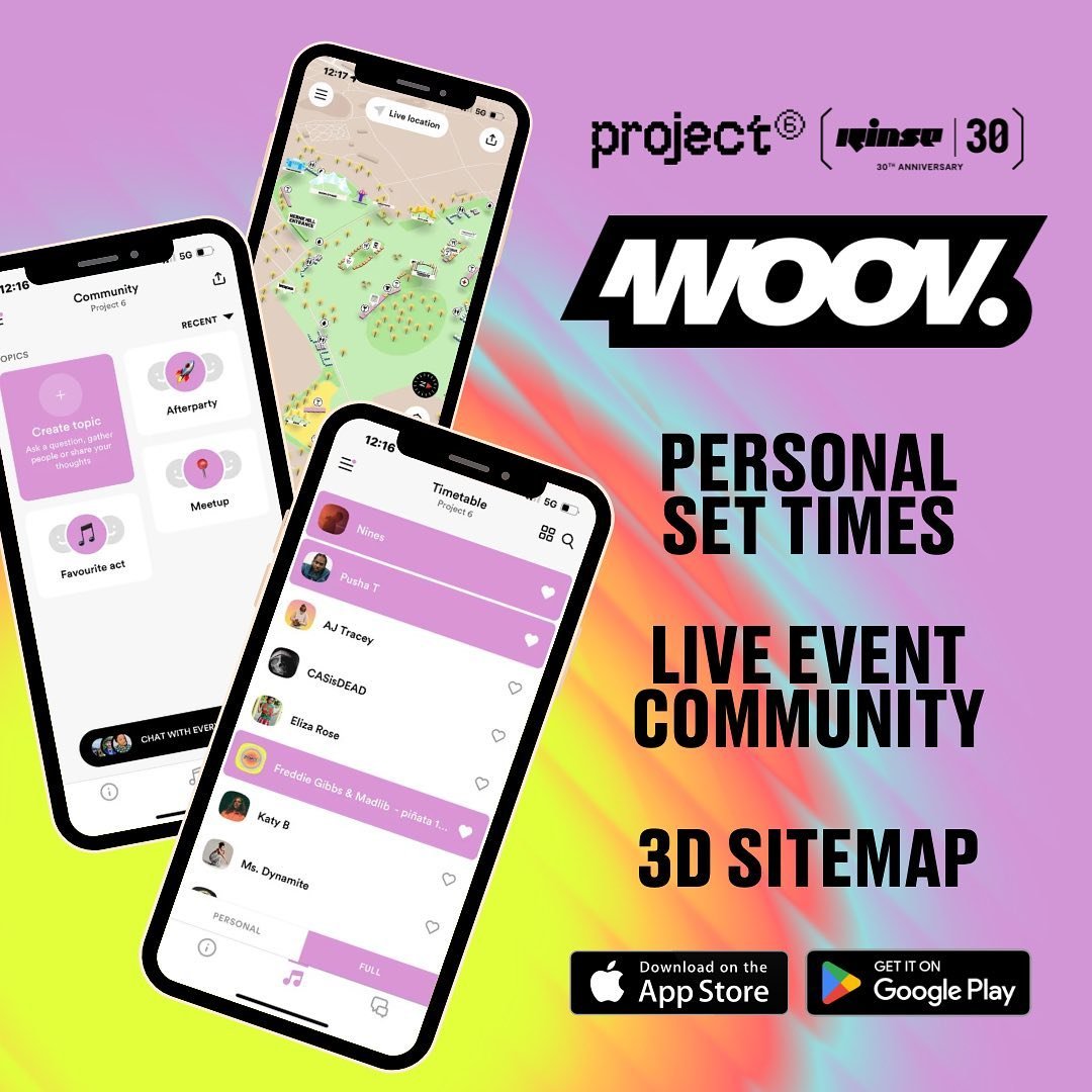 Discover our official app powered by @woovapp to curate Project 6 | Rinse 30 to a T 📲‼️

✅ Offering personalised set times and THE FIRST TO SEE when they drop 👀

✅ A 3d site map to navigate stages with ease 

✅ Live chat community to connect and li