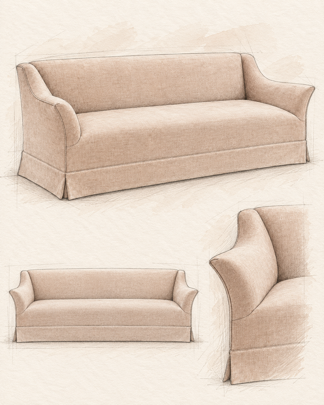 Camila sofa concept sketch showing a bespoke upholstered sofa and design details by BY LYDIA