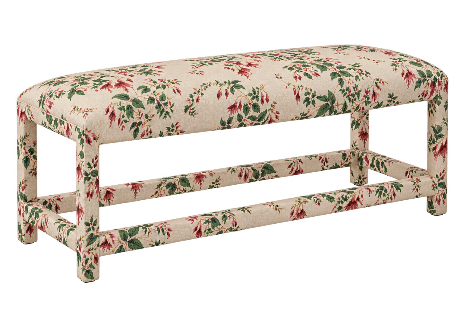 Fuchsia floral chintz upholstered bench.png