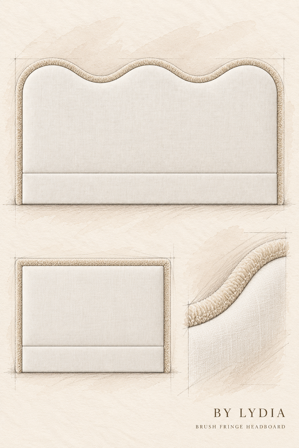 BY LYDIA Brush Fringe Headboard concept sketch with three-wave and square profiles and an ivory fringe detail