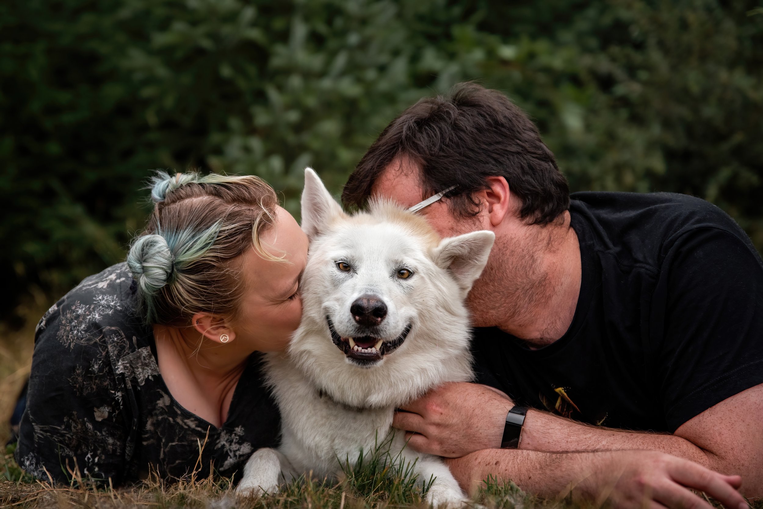 Couple lays on their stomachs in the grass, nuzzling close to their white malamute in the middle who is smiling at the dog photographer