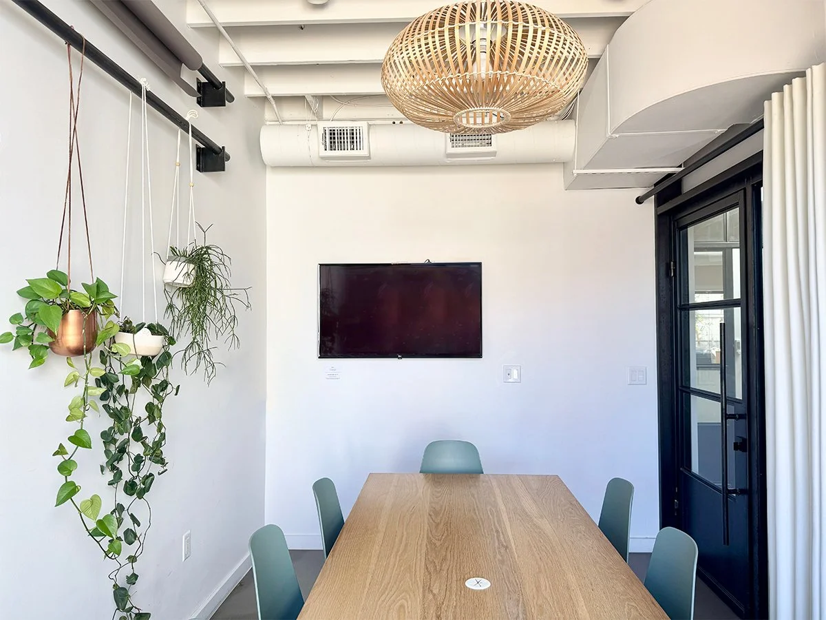 Modern conference room with a wooden table, six green chairs, a wall-mounted flat-screen TV, hanging plants, a large woven light fixture, and sliding glass doors with white curtains.