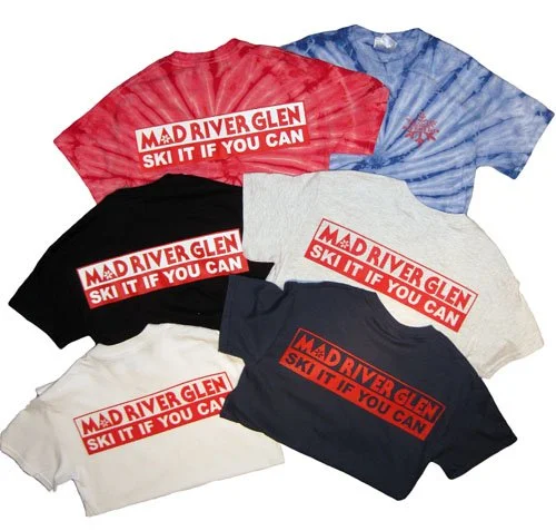 Photo of t-shirts custom printed by Shirt Happens for Mad River Glen with their logo and slogan "Ski it if you can"