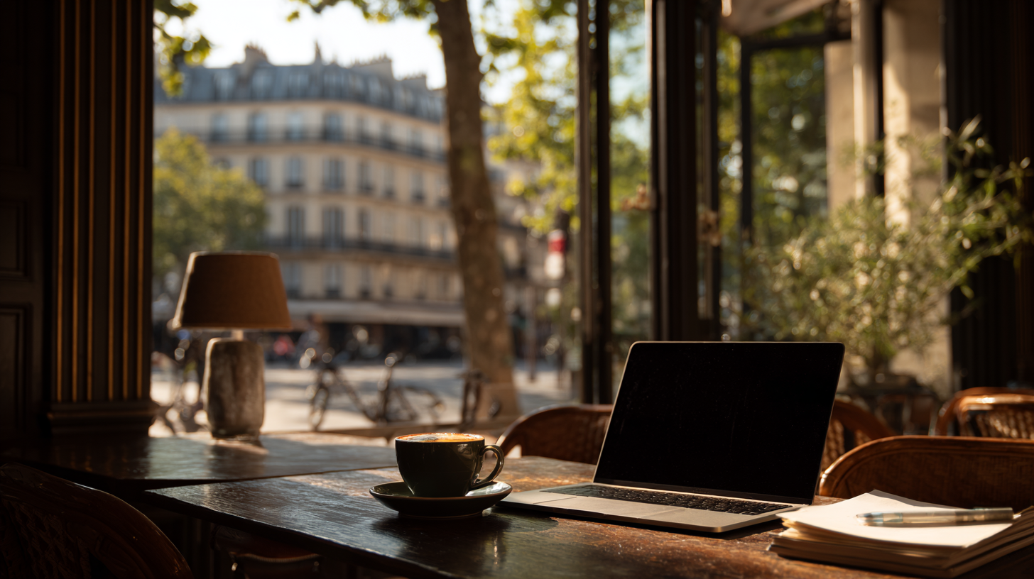Open laptop on a café table beside a notebook and espresso,  Parisian street visible through window, editorial lifestyle photography,  warm natural light, cream and dark tones