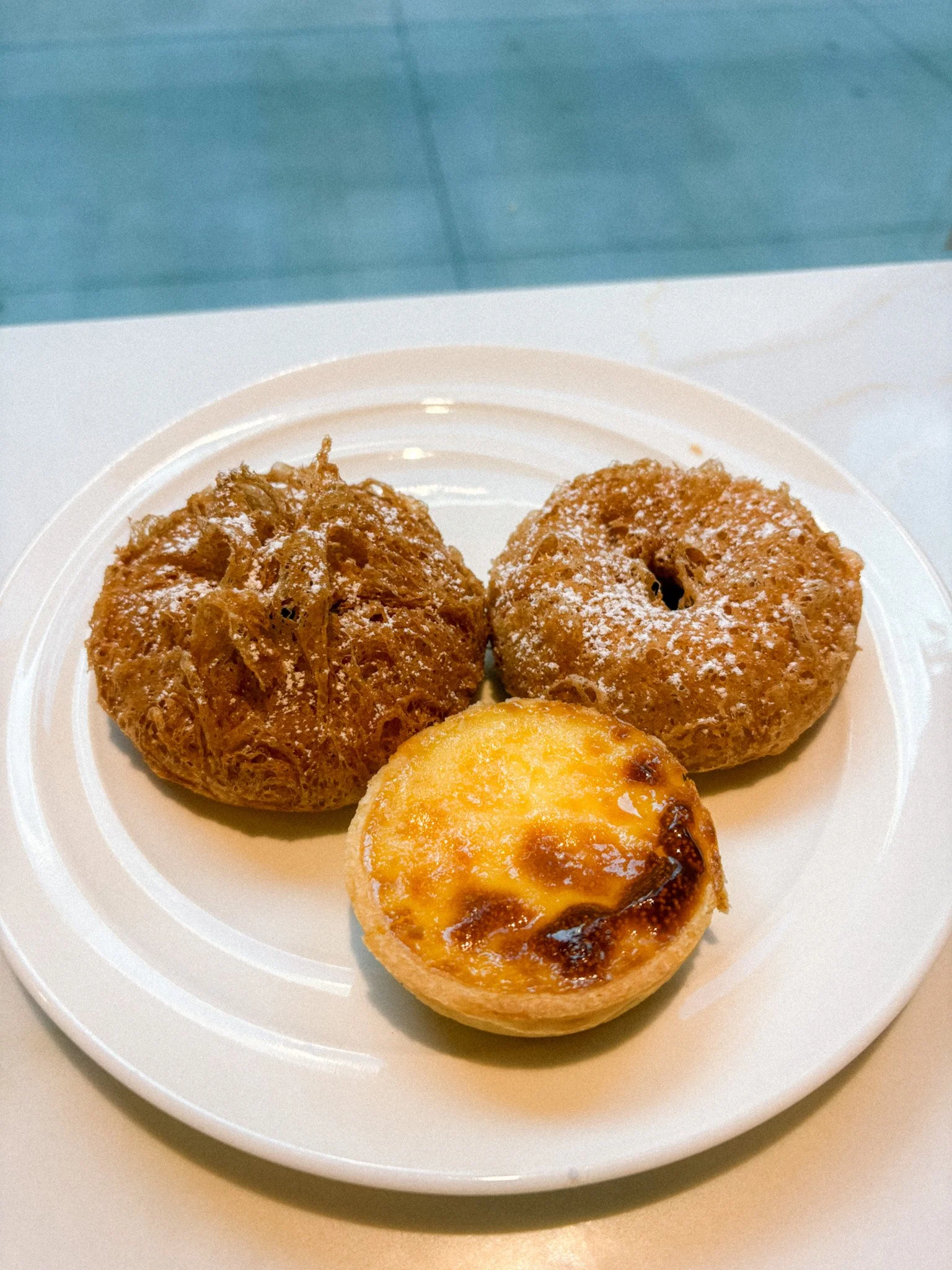 L to R: Egg Tart, Taro Lace Batter Mochi Donut