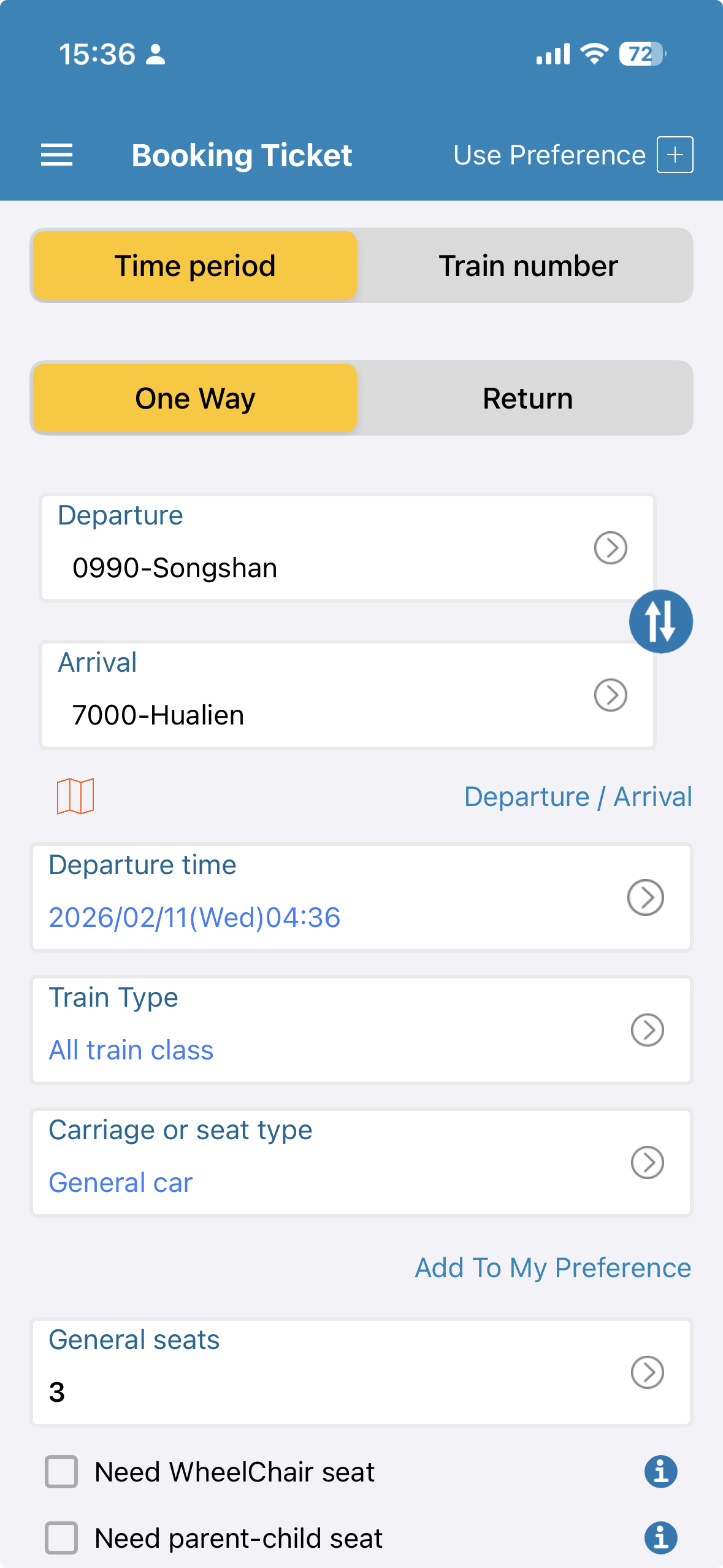Taiwan Railway app booking page