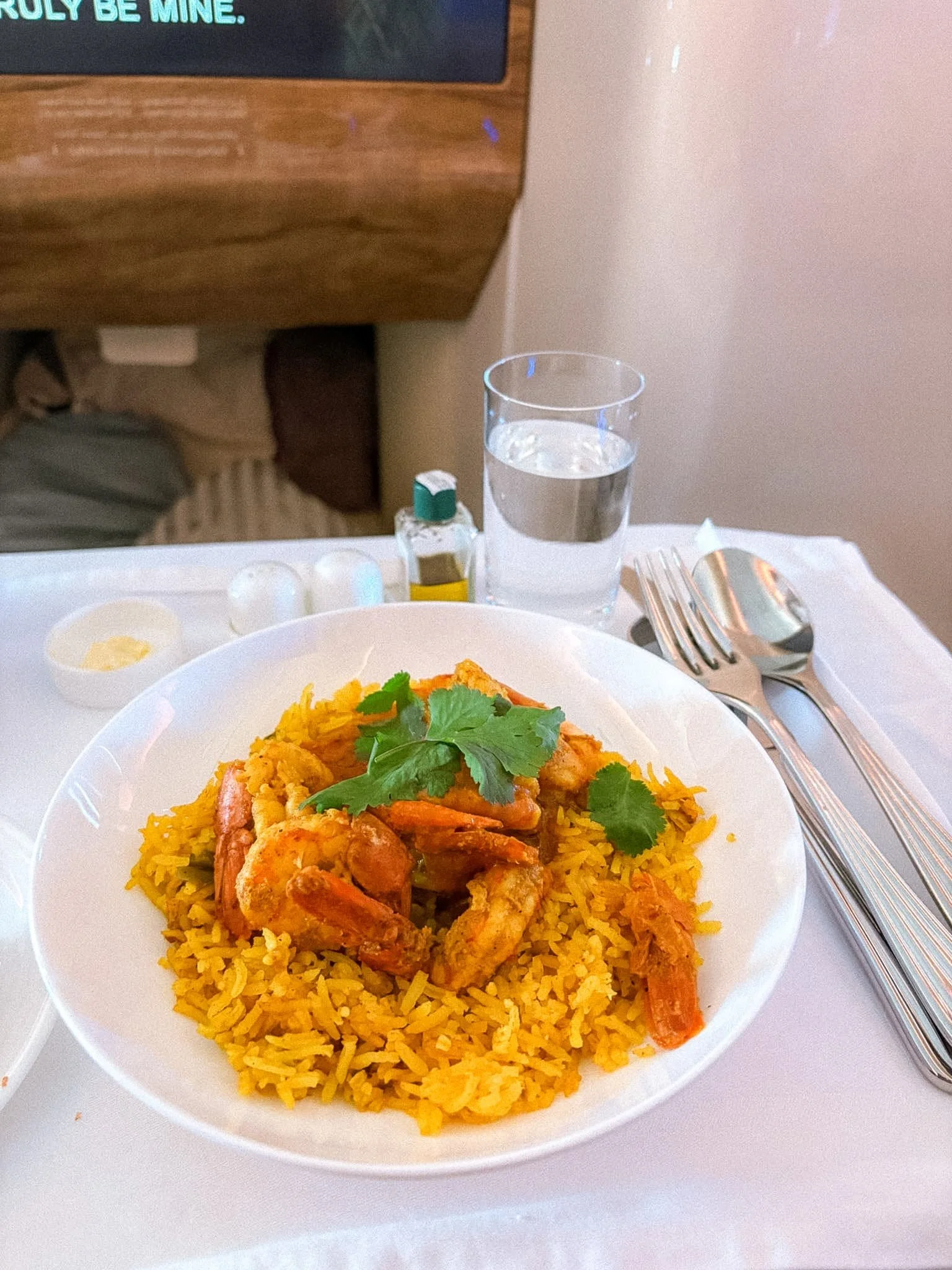 Emirates Business A380 - main course shrimp rice.jpg