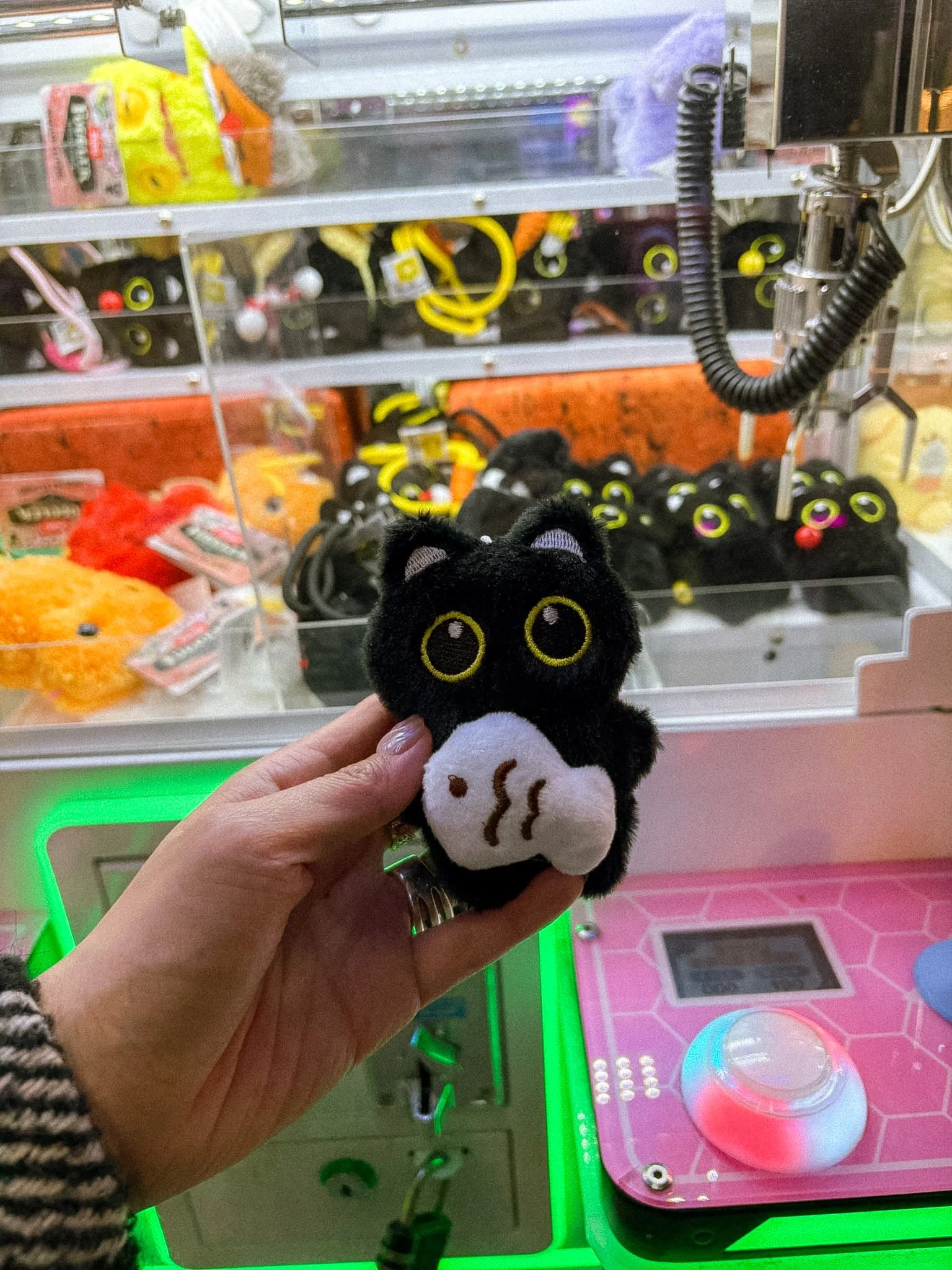 Winning a black cat plush keychain from claw machines at Shilin Night Market arcade games in Taipei