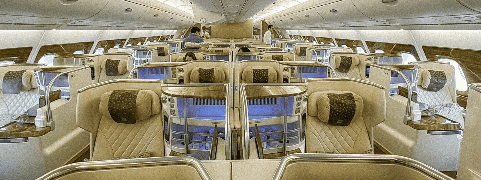 Emirates Business Class cabin on the A380 with 1-2-1 seat configuration and luxury interiors
