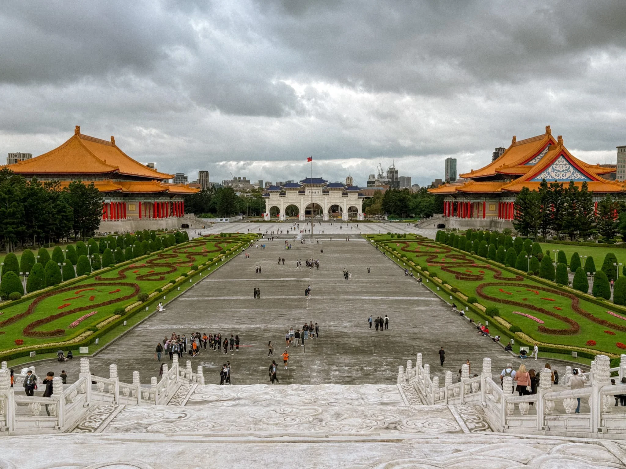 View of Liberty Square from the memorial hall steps, showing the National Theater, Concert Hall,