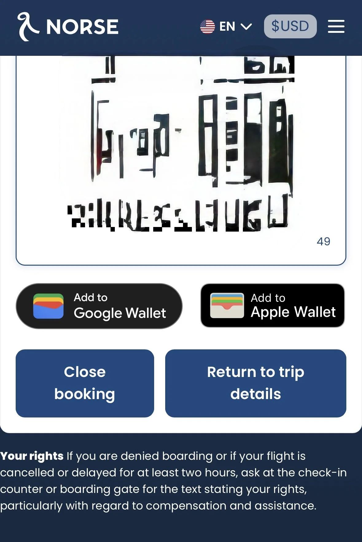 Norse Atlantic QR code boarding pass on phone, add to Apple Wallet or Google Wallet
