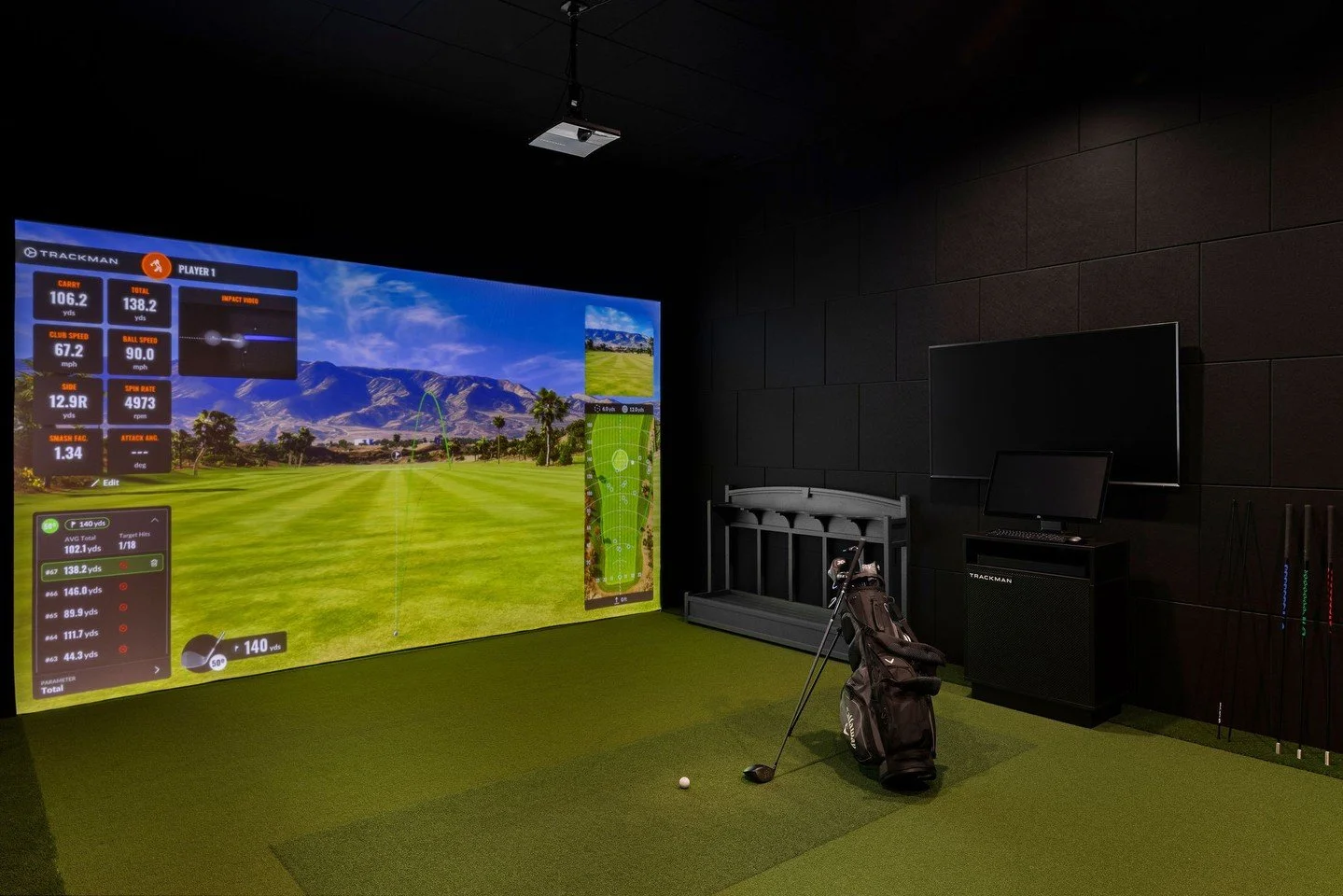 Who needs a tee time when you can play a round without leaving the house? ⛳️⁠
⁠
Tucked into the lower level, this golf simulator was designed for rainy days, friendly competition, and squeezing in a few holes whenever the mood strikes.⁠
⁠
Our kind of