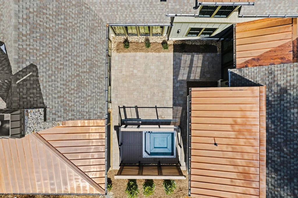 Aerial photo of courtyard in custom home.
