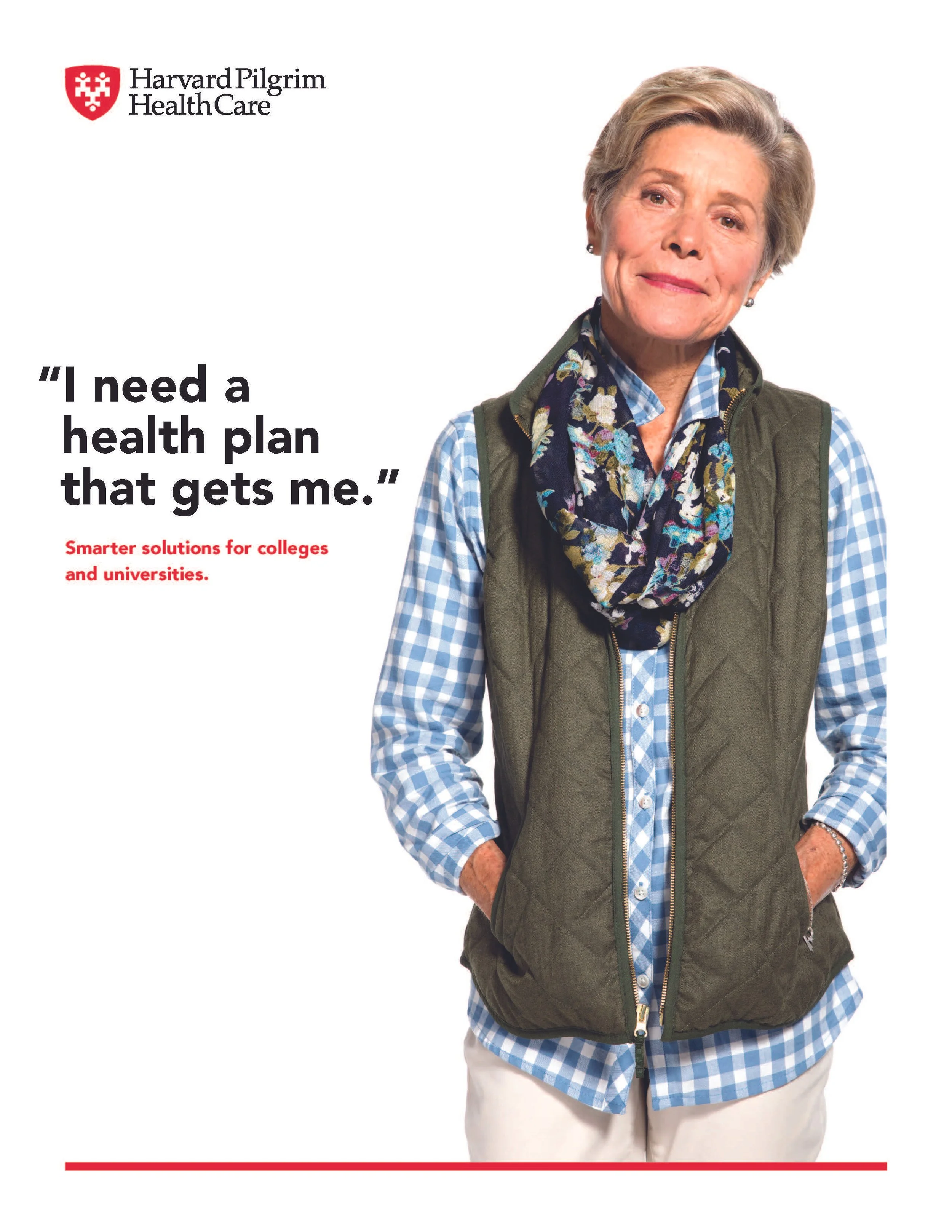 Harvard Pilgrim slip sheet, featuring an elderly woman wearing a blue checkered shirt, a dark green vest, and a floral scarf, standing against a white background with company logo and the text 'I need a health plan that gets me.'