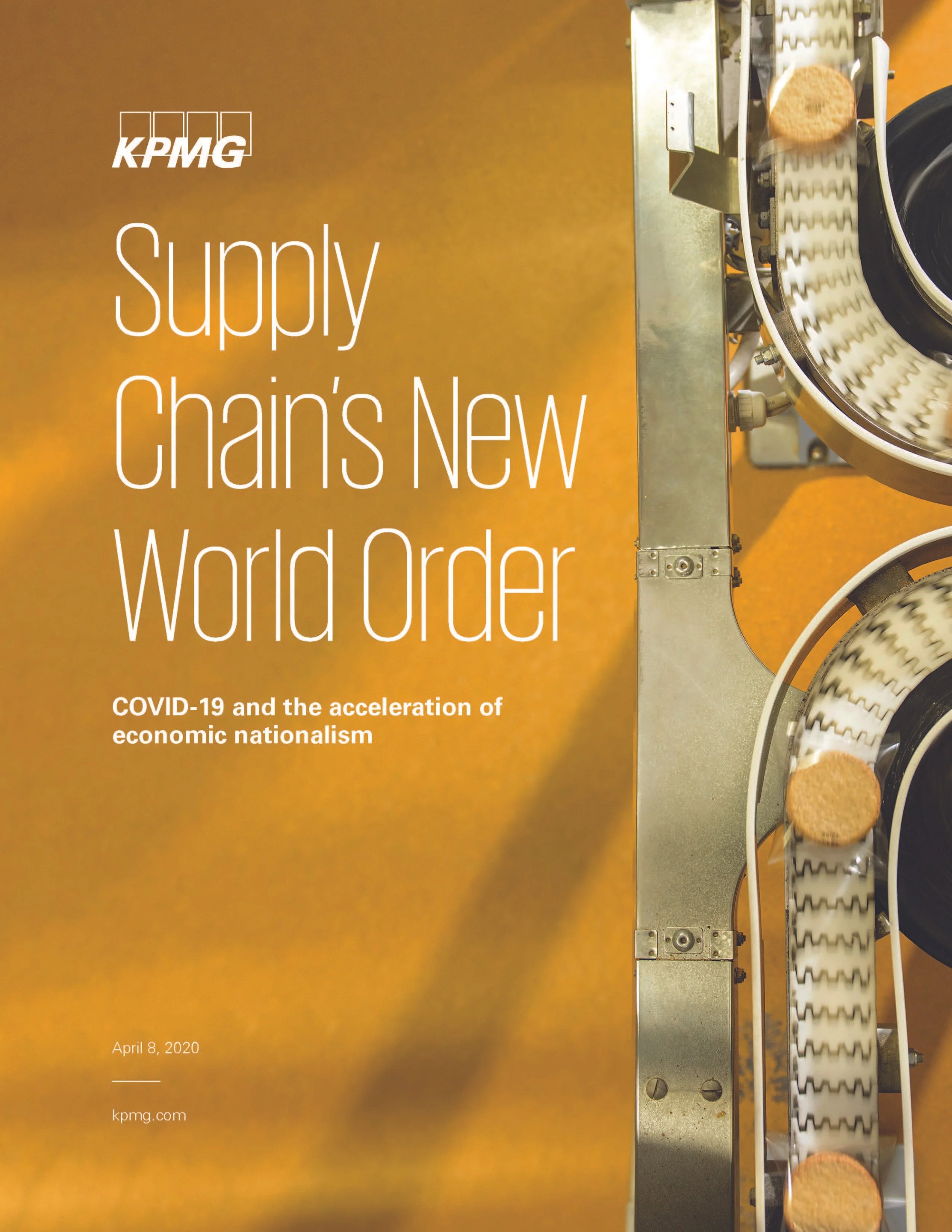 Cover of a KPMG Supply Chain research report titled "Supply Chain's New World Order," April 8, 2020, with a background of a conveyor belt with cookies on it.