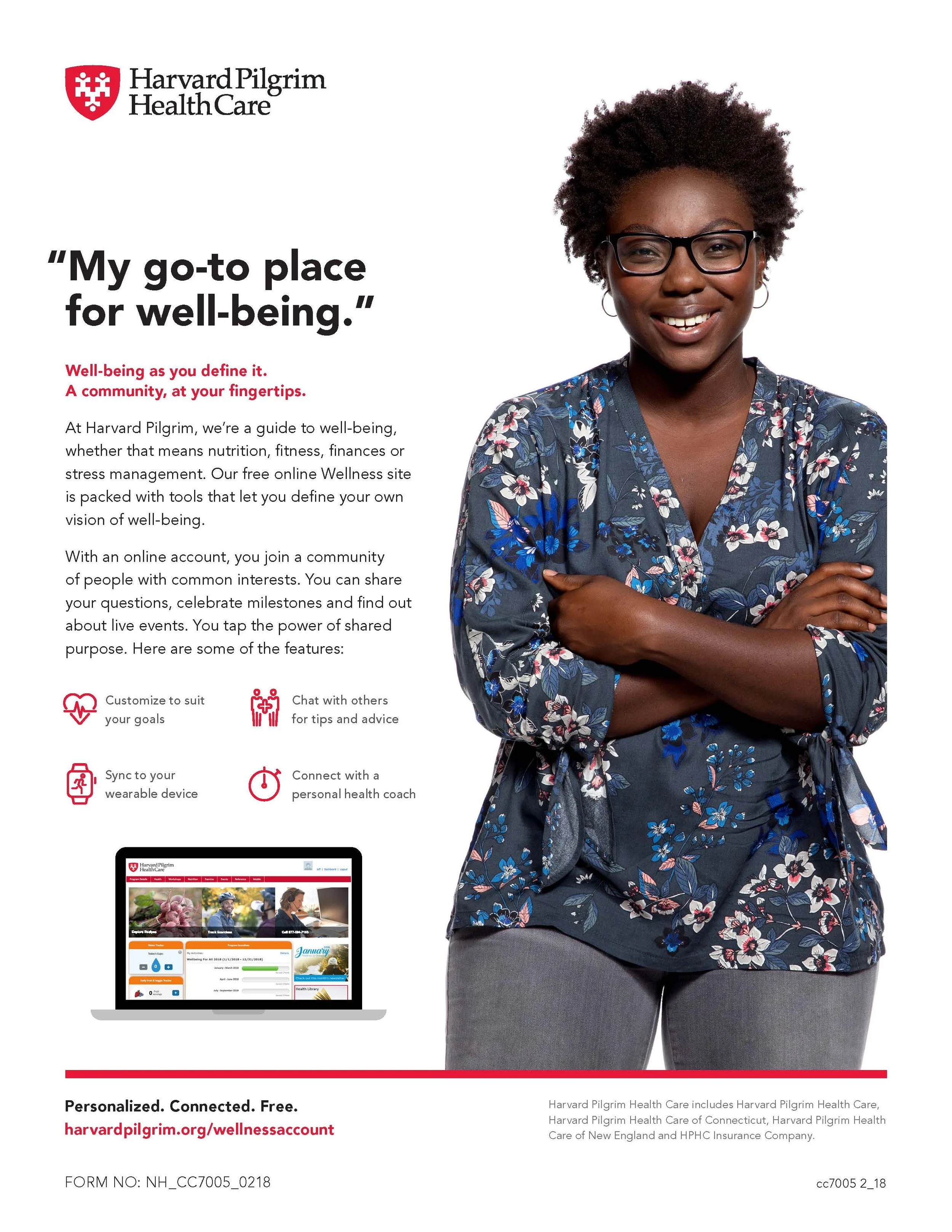 Harvard Pilgrim Health Care slip sheet featuring a smiling woman with glasses wearing a floral blouse, promoting a wellness website for well-being, health tracking, and connecting with a health coach.