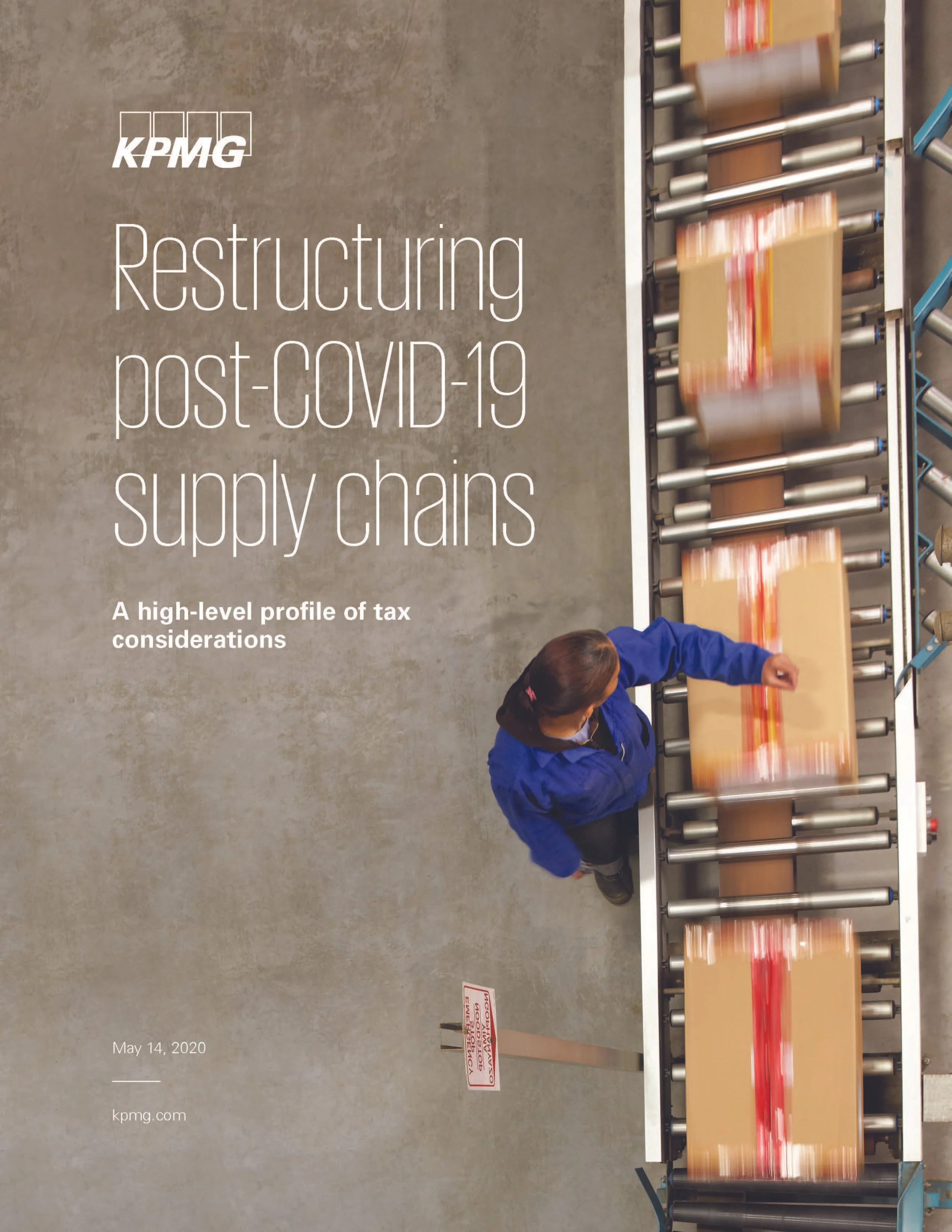 Cover of a report titled 'Restructuring post-COVID-19 supply chains' by KPMG, with a photo of a person in a blue jacket inspecting a conveyor belt with moving boxes.