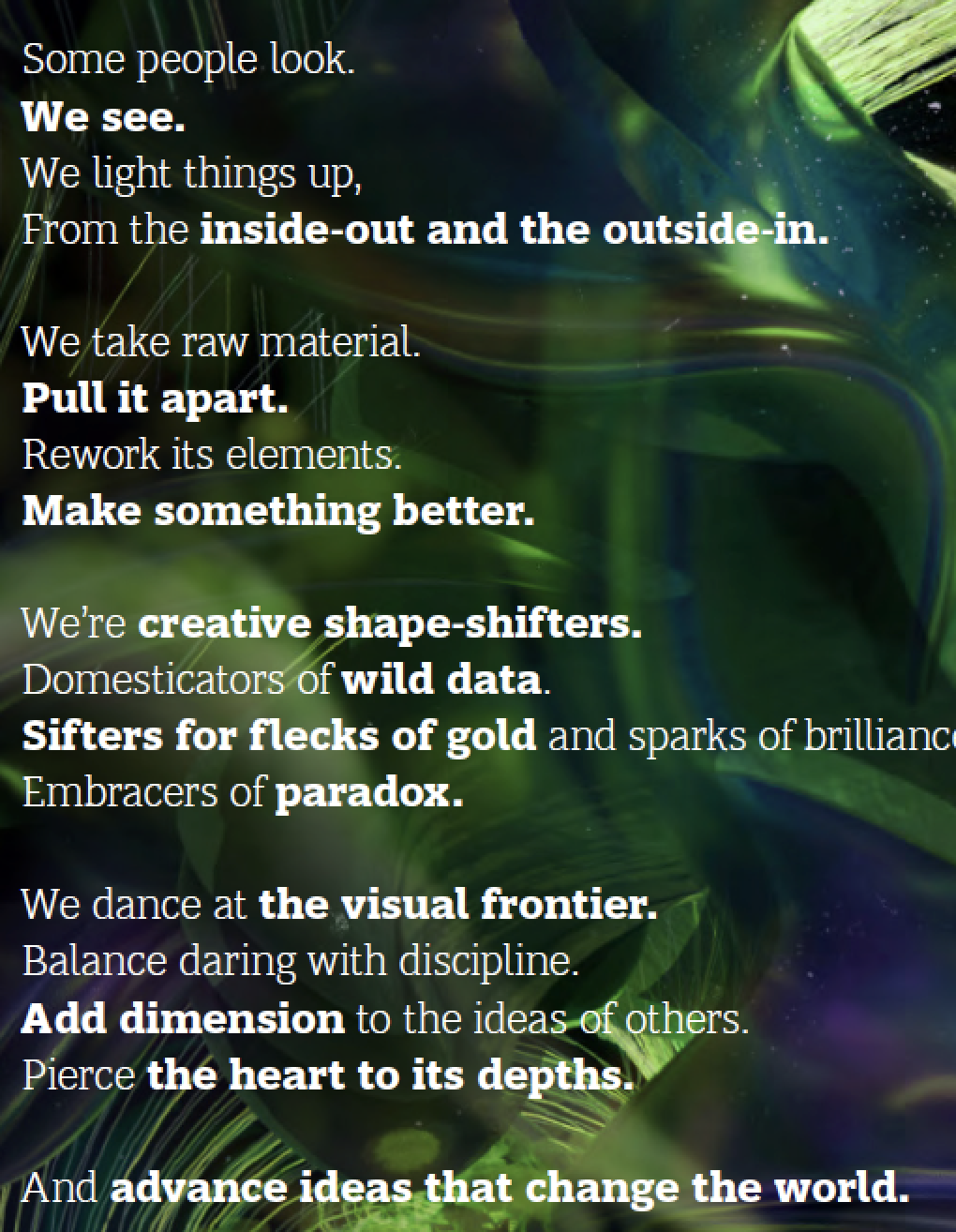 Inspirational BCG manifesto, over green and blue nature-inspired parametric design, discussing creativity and transformation.
