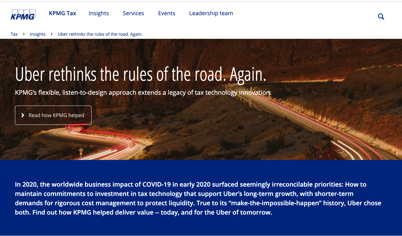 Clever KPMG Tax services landing page, with headline "Uber Rethinks the Rules of the Road. Again." over image of long-exposure auto tight-trails in canyon at night.