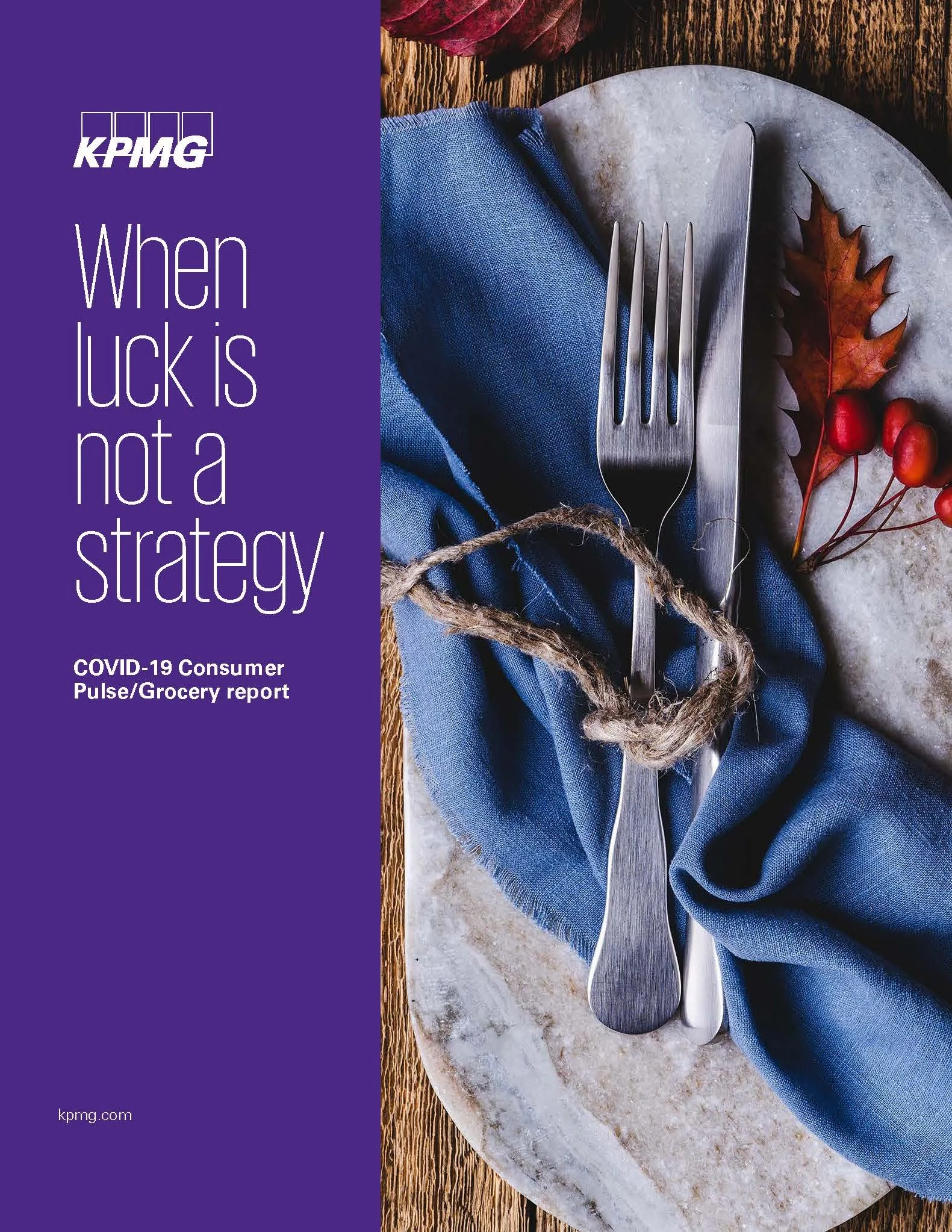 Cover of a KPMG Consumer Pulse research report titled 'When luck is not a strategy' with a purple background on the left and a table setting on the right