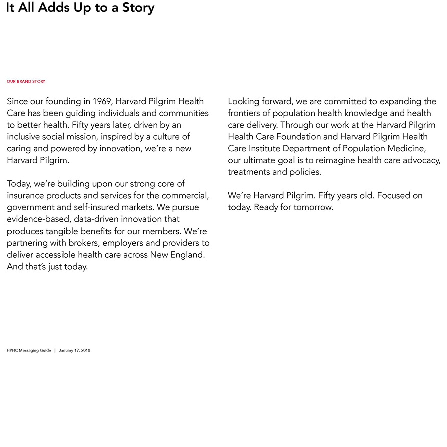 Screenshot of Harvard Pilgrim Messaging Guide, titled 'It All Adds Up to a Story' with text about company history and mission, including their commitment to expanding health knowledge and reimagining healthcare policies.