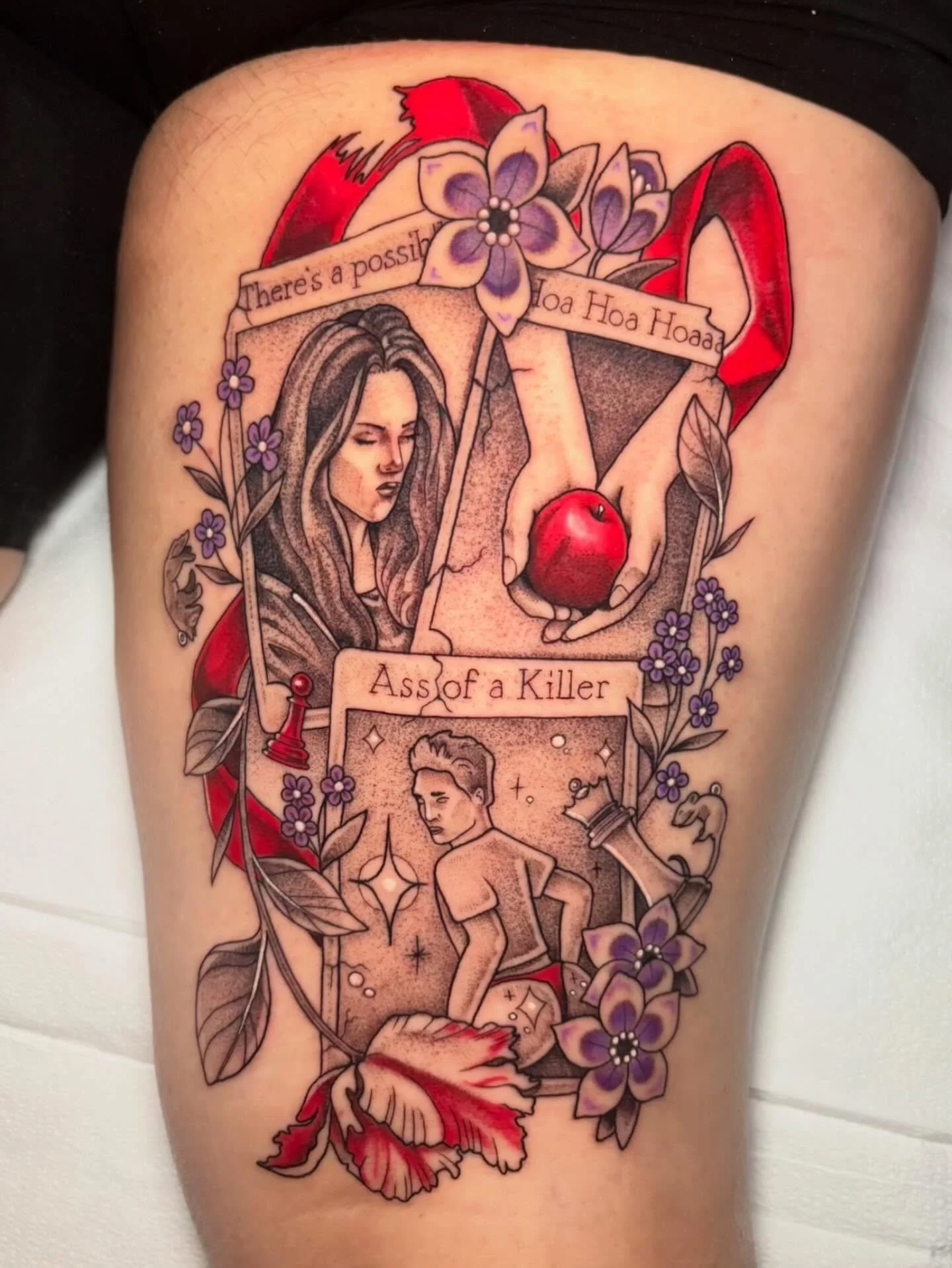 Twilight inspired piece I did! I&rsquo;m so happy with how this turned out and I cannot wait to add more to this leg!! 🍎♟️🐁✨
.
.
.
.
.
.
.
.
#sacredarttattooct #cttattoo #cttattooartist #ladytattooers #girltattooartist #ctink
#tattooideas #illustra