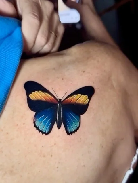 (Swipe to see) At eighty-three years old, Barbara, placed her trust in my steady hands to make her first tattoo. Thank you! @sacredarttattooct @peakneedles #firsttattoo #first #ctink #cttattoos #cttattooshop #oxford #seymour #butterflytattoo #colorta