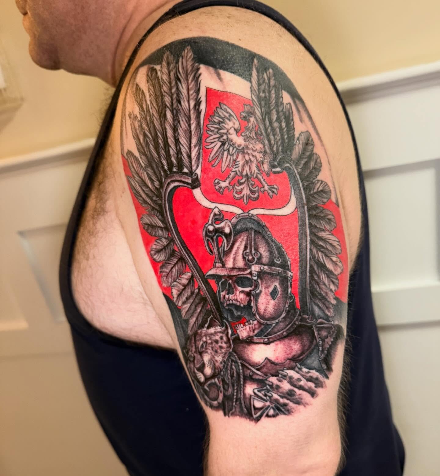 Polish Hussar wrapped up from yesterday! 
.
.
.
#Tattoo #sacredarttattooct  #ctink #inked #blackandgreytattoos
