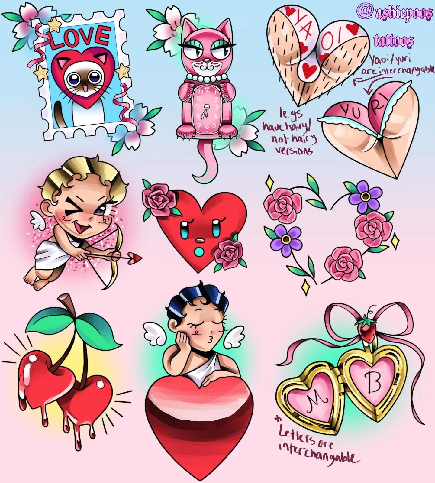 💌💘💝 Part 1 of Valentines Flash Sheet :3

🍓designs WILL be REPEATABLE, and they are available now!!! pricing is $100/hr!!

💘 heart butts have hairy/non hairy versions (yaoi and yuri can be used for either design), locket letters are changable!! t