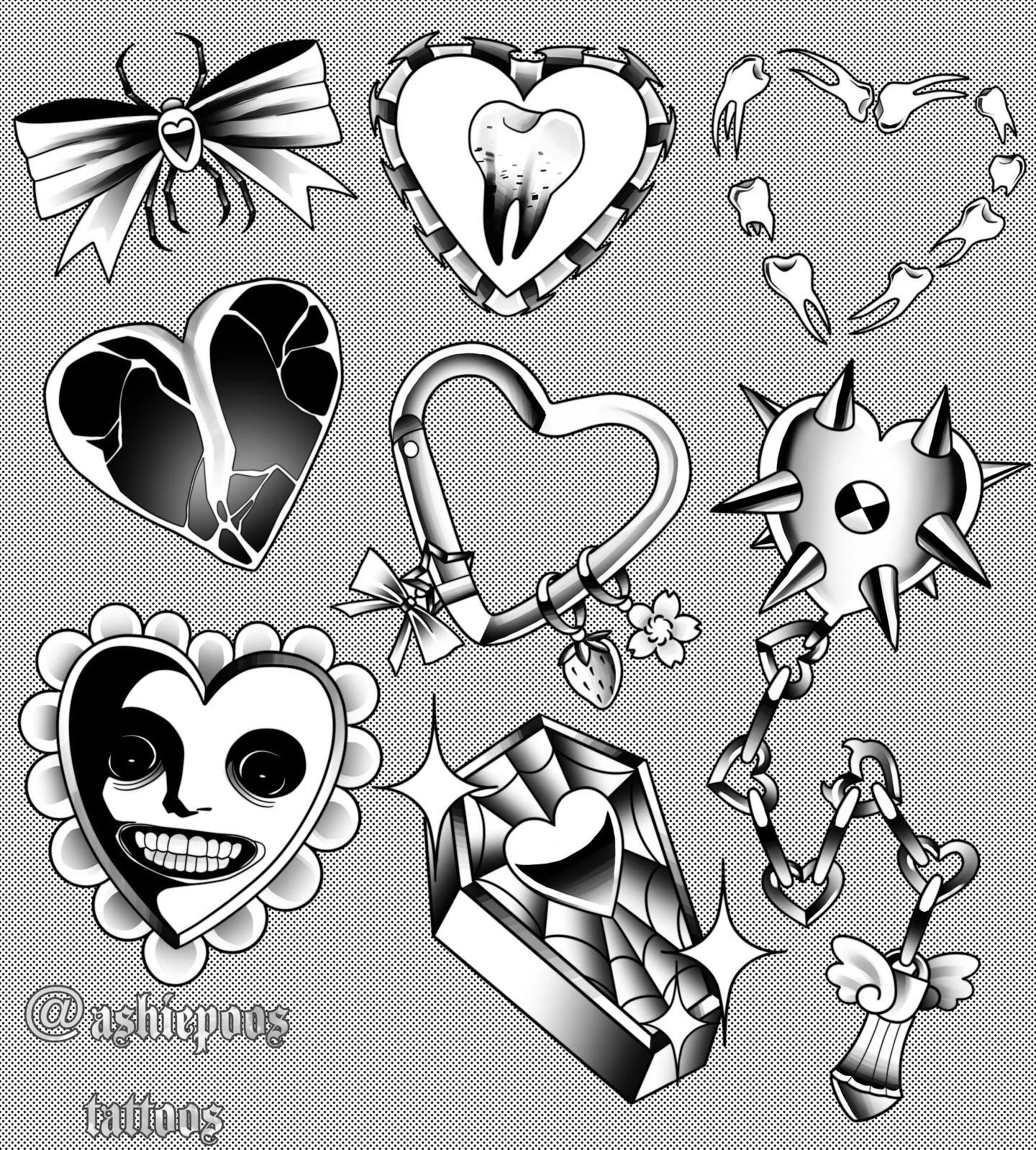 💌🖤🦴Part 2 of Valentines Flash Sheet :3

👻 designs WILL be REPEATABLE (except the mace/flail), and they are available now!!! pricing is $100/hr!!

🖤 designs are as is!! if you would like a custom version of a design that is totally ok!! :3

⭐️ co
