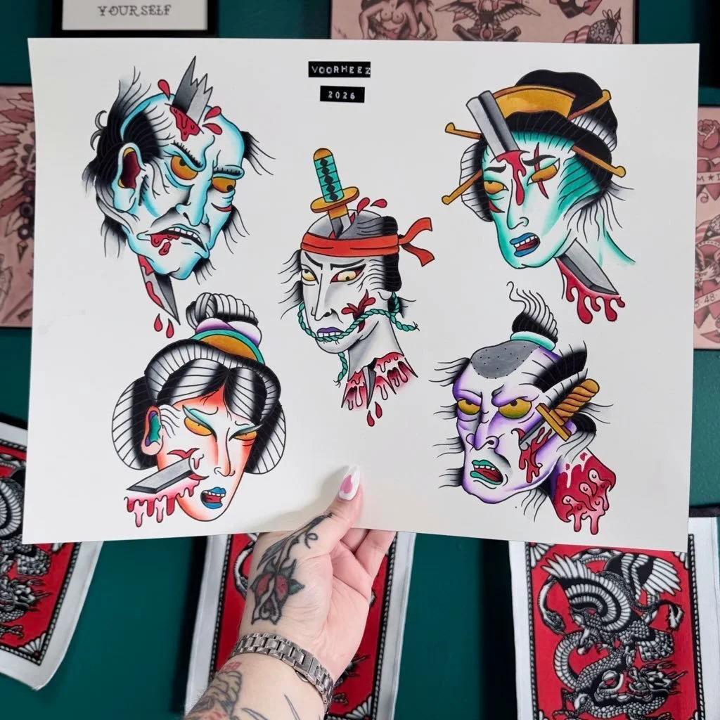 my mentor gave me the task of drawing up some namakubi designs last week. here are the results of that! it was super fun dipping my toes into a some what different style and making it my own. 
i&rsquo;d REALLY love to tattoo one of these, if one catc