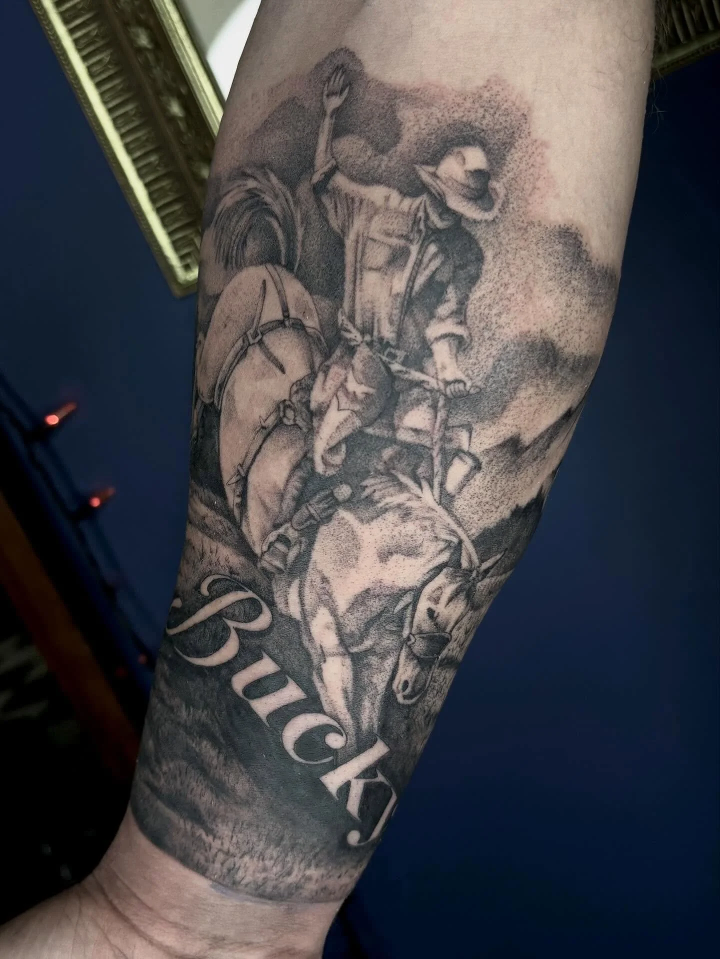 Bucky for Jack, loved how this turned out and I can&rsquo;t wait to add more to the rest of the arm! Thanks for the trust! 🐎🤠.
.
.
.
.
.
#sacredarttattooct #cttattooartist #buckinghorse #horsetattoo #cowboytattoo