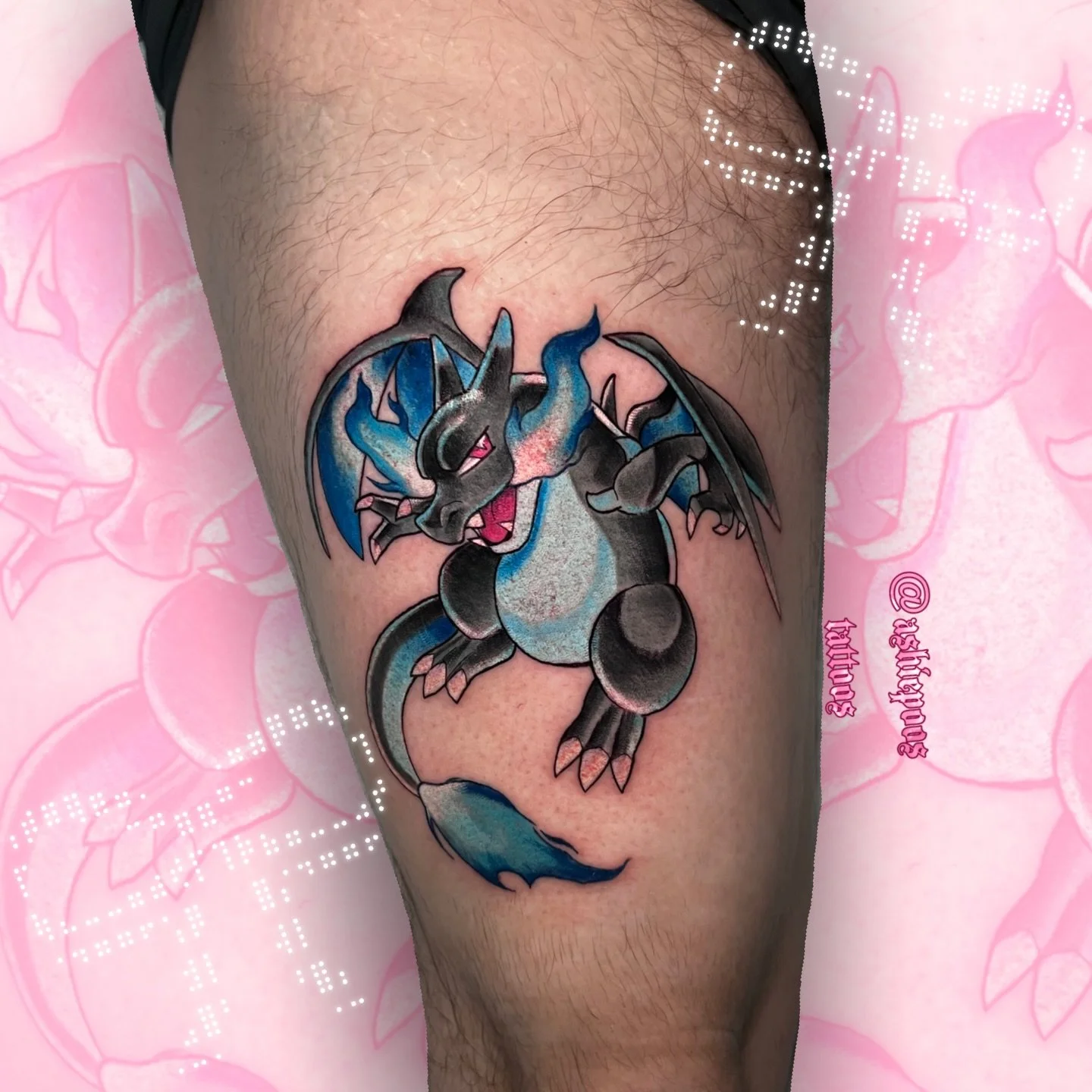 got to do my SECOND POK&Eacute;MON TATTOO EVERRR!!! and it was mega charizard x from one of my favorite pokemon games ever omg thank you again nick this was so fun to do!!! i would love to do more like this!!

swipe for regular picture and available 