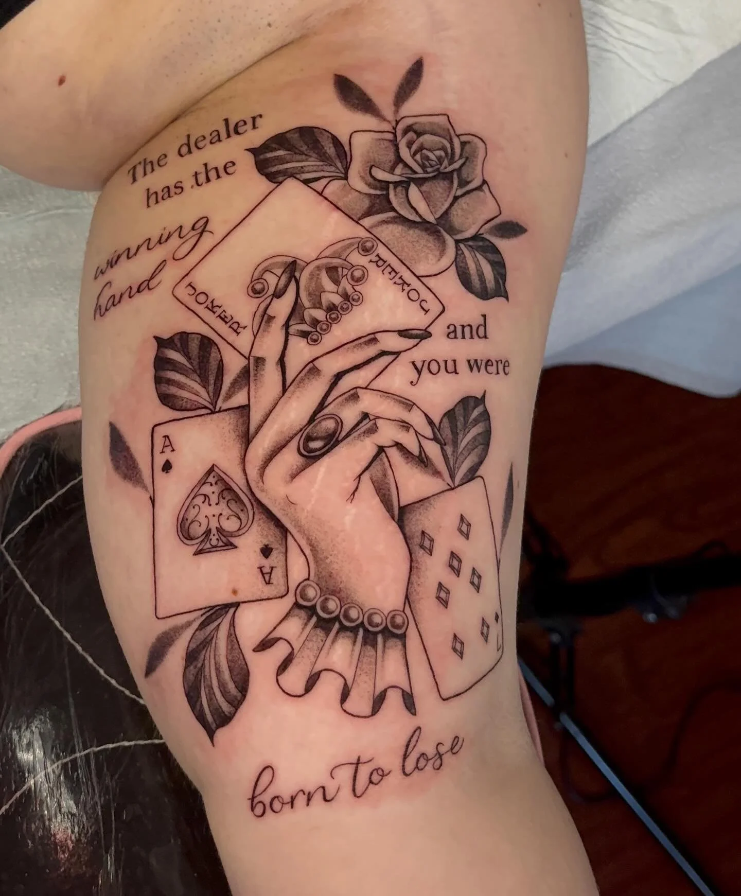 &ldquo;The dealer has the winning hand and you were born to lose&rdquo; ✨loved doing this Treaty Oak Revival piece!! :) 
.
.
.
#sacredarttattooct#floraltattoo#lyrictattoo#treatyoakrevival#musictattoo
