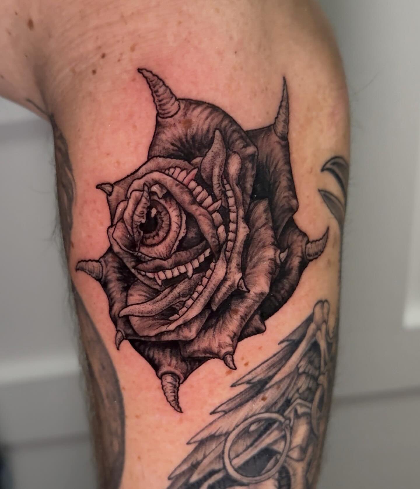 Monster rose gap filler from the morning! 👹 🥀 
.
.
.
#sacredarttattooct  #ctink #inked #connecticuttattoos #blackandgreytattoo