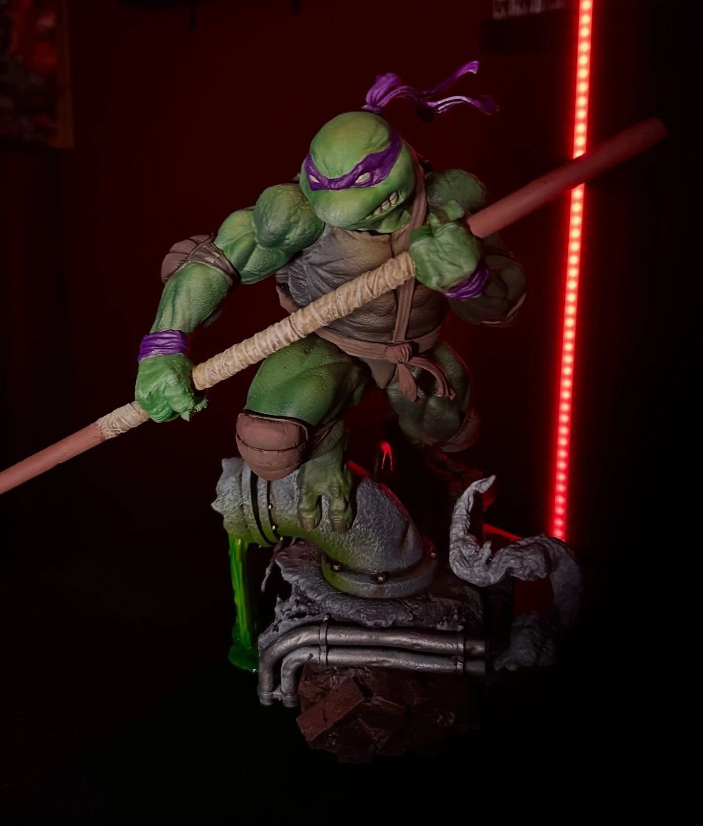 Just finished up this 1/6 scale Donatello. Hand painted by me, yours truly.  He&rsquo;ll be displayed at the shop next to Leonardo. Super fun to work on. The green slime coming out of the pipe is the perfect accent for this guy. Rafael is on the benc