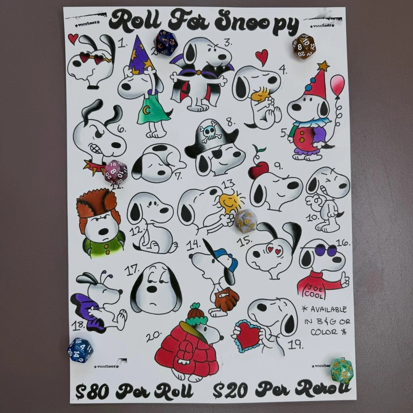 ROLL FOR SNOOPY FLASH IS READY TO BE TATTOOED AT @sacredarttattooct <3
** AVAILABLE IN B&amp;G OR COLOR. $80 PER ROLL, $20 PER REROLL, OR $80 JUST TO PICK IF YA WANNA :)
DM ME TO BOOK !!

WHICH SNOOPY DO YOU WANT 😸

#americantraditional #snoopy #