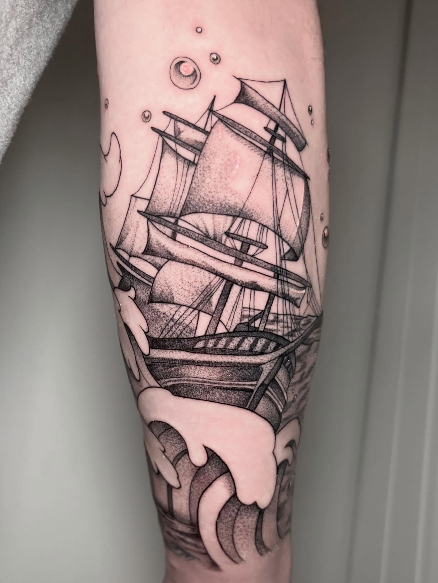 Little ship on some bumpy waves! Can&rsquo;t wait to add more to this arm! 🏴&zwj;☠️⚓️🌊