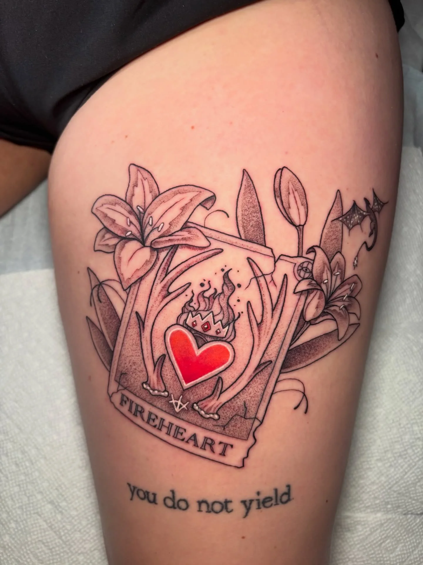 Fireheart tarot card! Tattoo by Breanna all book lovers, DM @bhh.art to book a session. #sacredarttattooct #cttattoo #cttattooartist #seymourct #bookgram