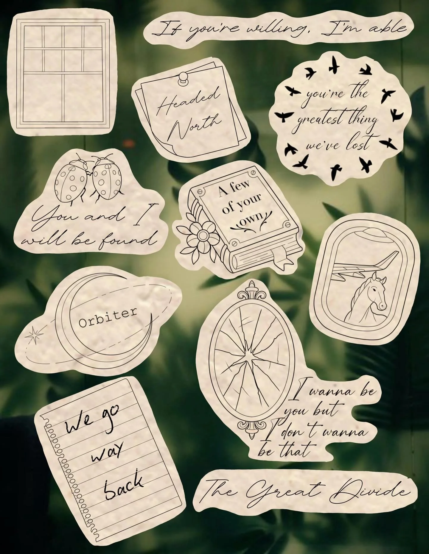 NOAH KAHAN FLASH IS HERE!!!✨ all designs can be booked with just linework, shading, or color! DM me to secure your slot for my upcoming flash event on 6/7, or just to schedule something out! 🌱
.
PRICING:
$120 each, +$30 for shading/ color! 
Lyrics o