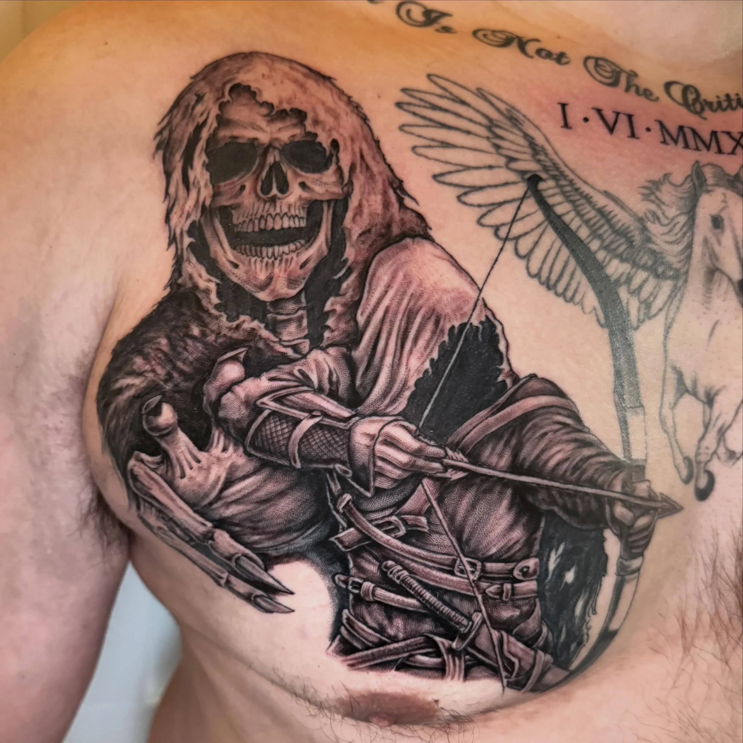 Fun chest piece from this morning. Gonna shade the Pegasus next go. 
.
.
.
#sacredarttattooct  #ctink #inked #connecticuttattoos #blackandgreytattoo