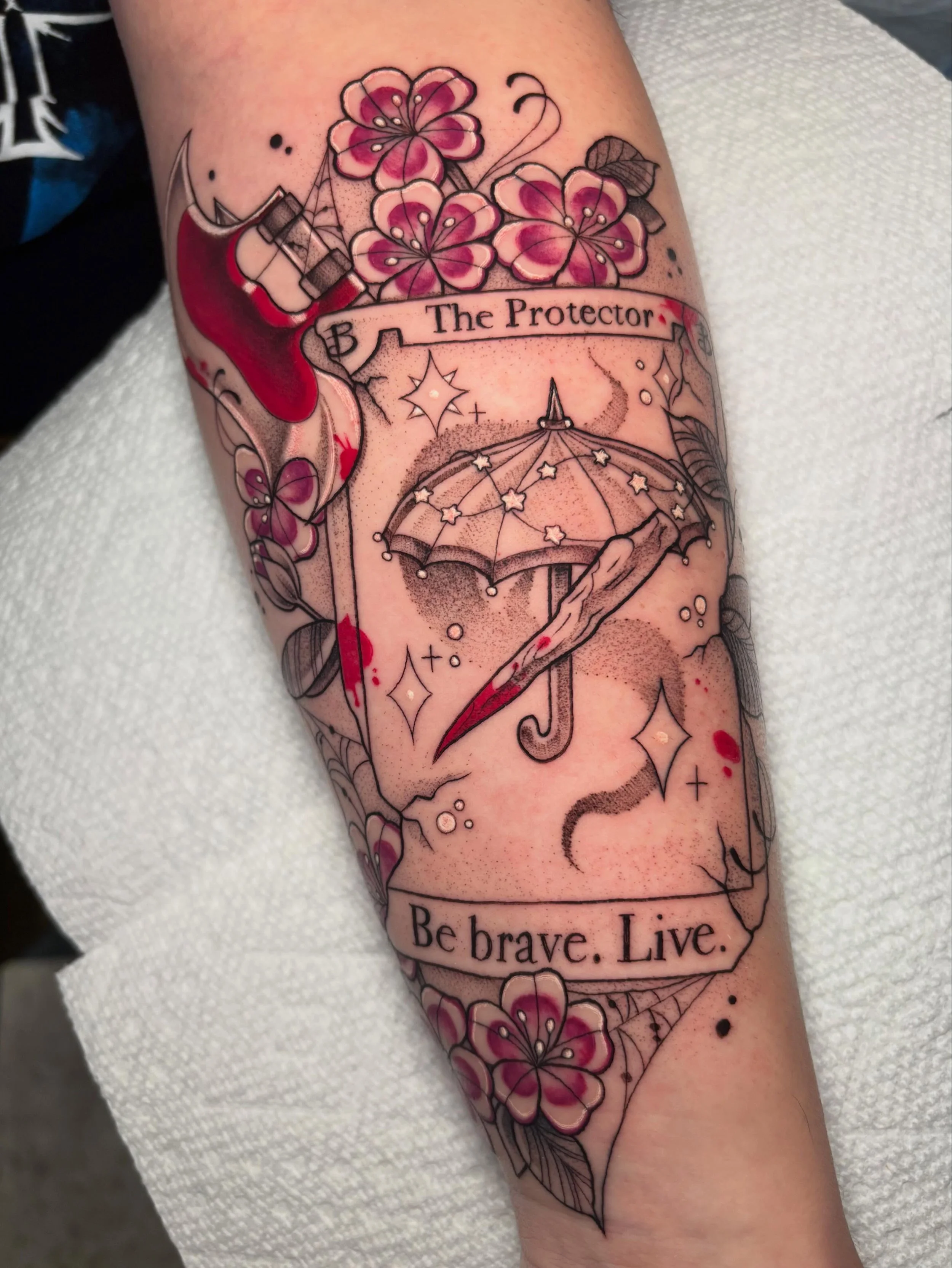 Buffy the vampire slayer tarot card!  I am so freaking obsessed with this!!! Thank you for the trust can&rsquo;t wait to add more to this arm! &hearts;️
.
.
.
.
.
#sacredarttattooct #cttattooartist #blackandgreytattoo #colortattoo #buffythevampiresla