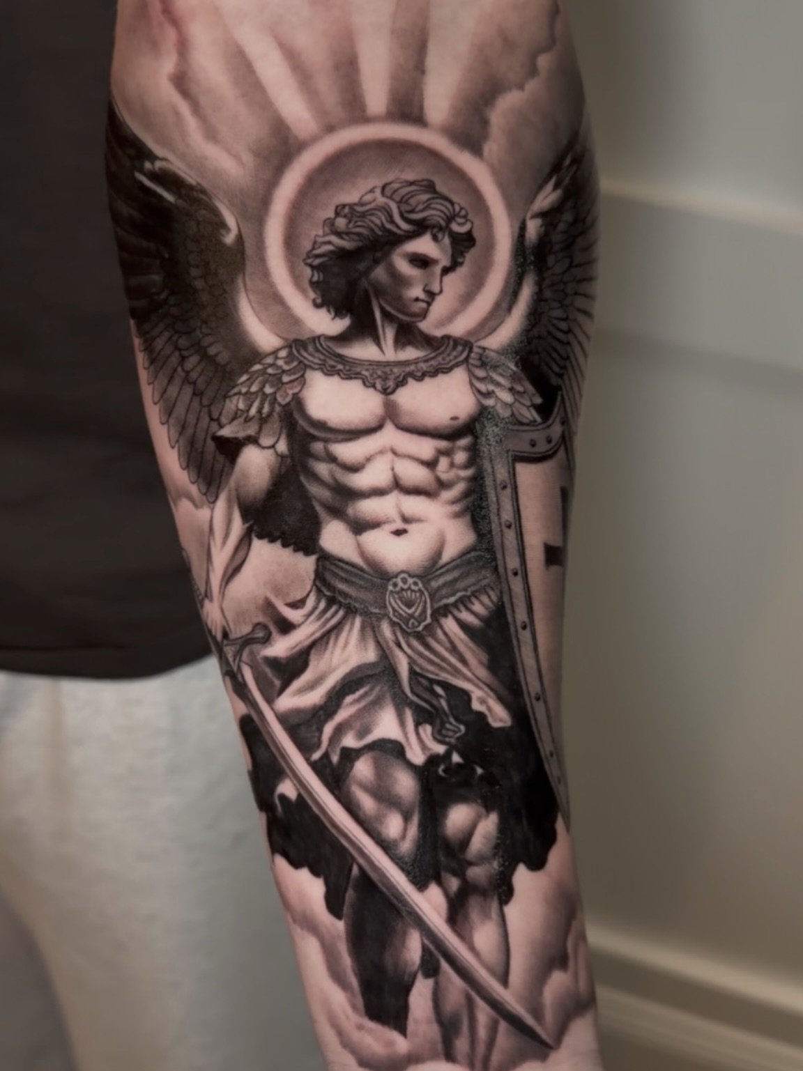I made this Saint Michael tattoo was made for Noah. 
@sacredarttattooct #cttattoos #tattooartist #connecticut #blackandgraytattoos