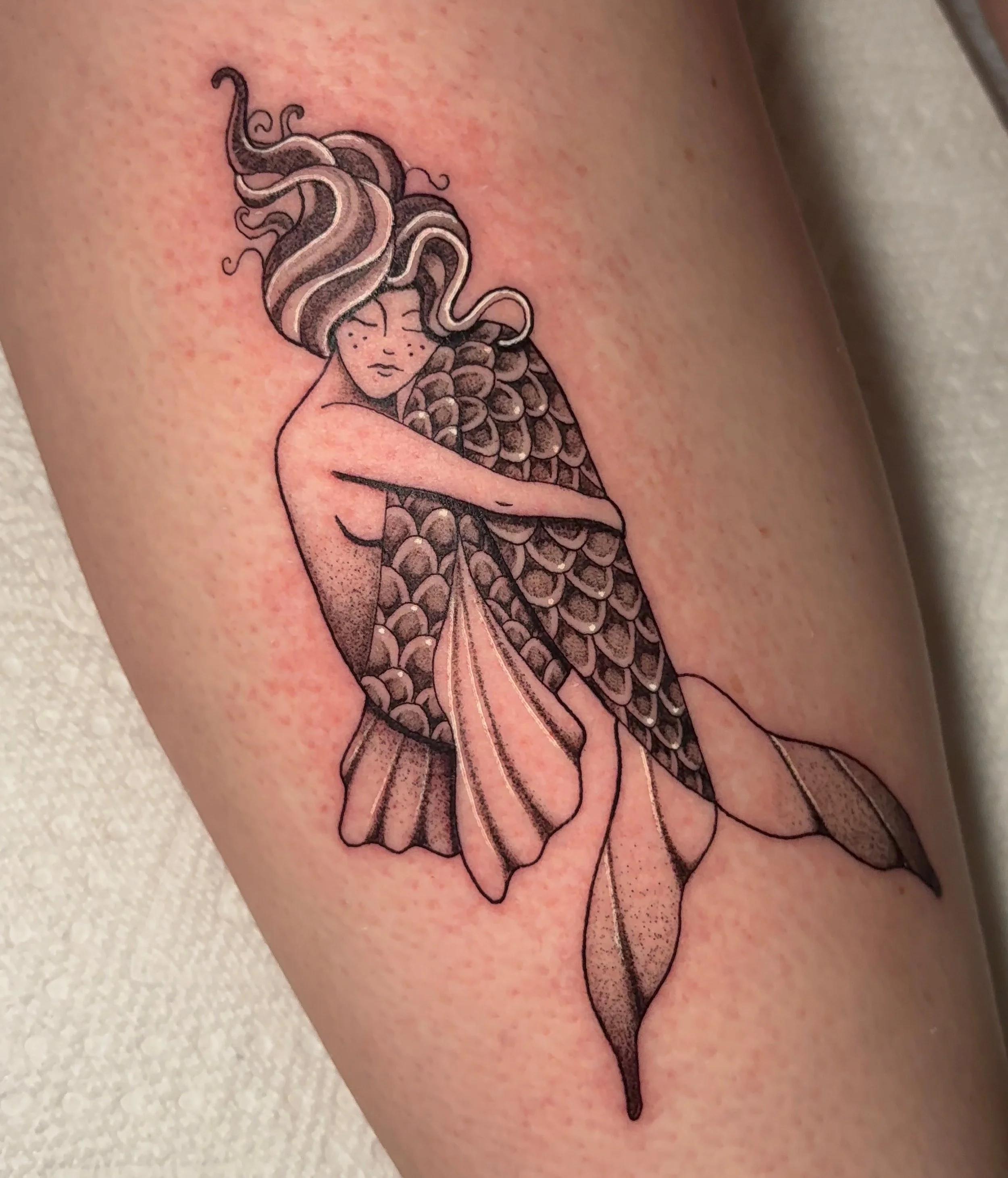 Mermaid tattoo by Faith @faceheywood DM to book a session or 3! #sacredarttattooct #cttattoo #ctink #cttattooshop #cttattooartist